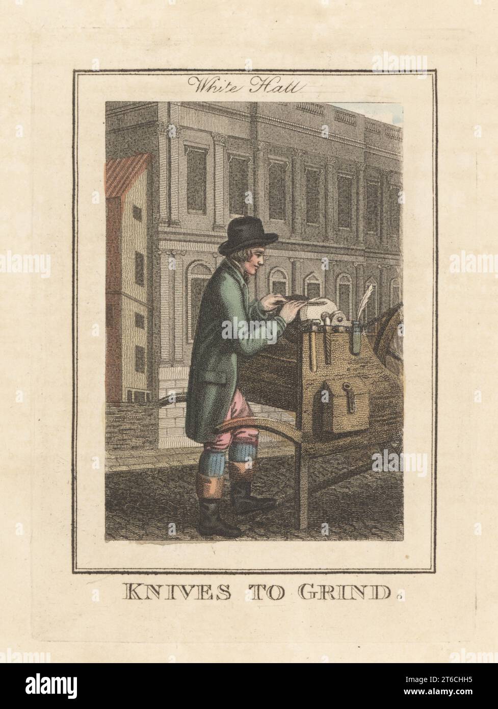 Knife-grinder sharpening a knife in front of Whitehall. In bowler hat, coat, breeches and boots, using his left leg to drive whetting and grinding wheels to polish a kitchen knife. The facade of Whitehall designed by Inigo Jones in the background. Handcoloured copperplate engraving by Edward Edwards after an illustration by William Marshall Craig from Description of the Plates Representing the Itinerant Traders of London, Richard Phillips, No. 71 St Pauls Churchyard, London, 1805. Stock Photo