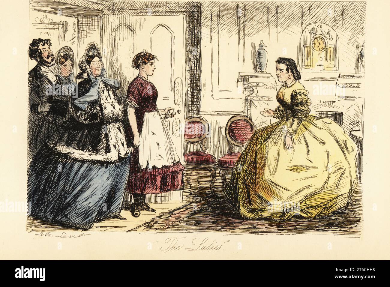English lady receiving surprise visitors in breakfast room, 19th century. Mrs Lucy Somerville curtsies to Mrs Watkins, Mr Willie Watkins, and Miss Watkins. A maid in torn apron opens the door. The Ladies. Handcoloured steel engraving after an illustration by John Leech from Robert Smith Surtees Mr. Facey Romfords Hounds, Bradbury, Evans and Co., London, 1865. Leech (1817-1864) was an English caricaturist and illustrator best known for his work for Punch magazine. Stock Photo