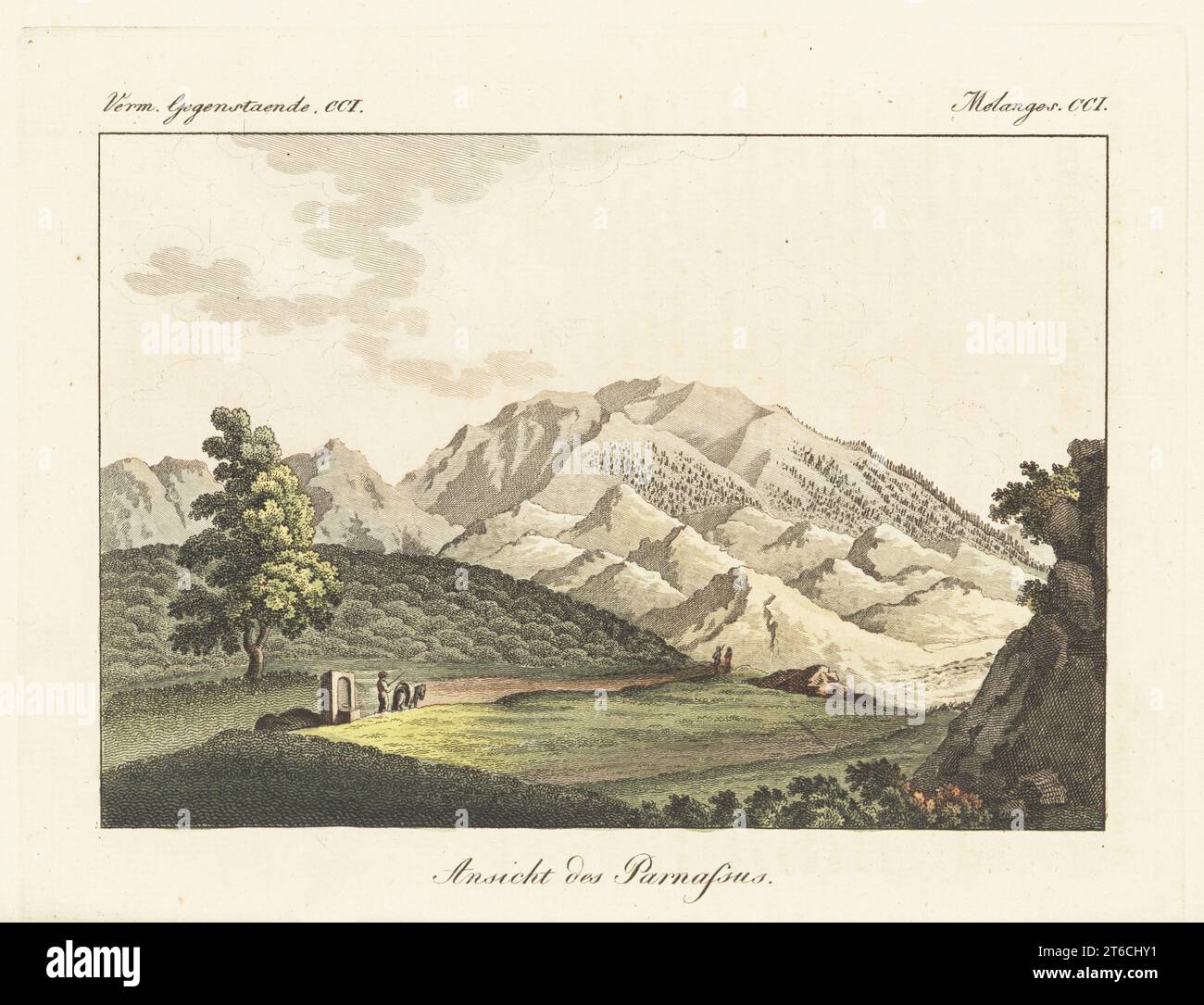 View of Mount Parnassus in Greece from near Delphi on the road to Livadia. A peasant with donkey next to the fountain of Castalia, a spring sacred to the Muses. Ansicht des Parnassus. Handcoloured copperplate engraving from Carl Bertuch's Bilderbuch fur Kinder (Picture Book for Children), Weimar, 1815. A 12-volume encyclopedia for children illustrated with almost 1,200 engraved plates on natural history, science, costume, mythology, etc., published from 1790-1830. Stock Photo