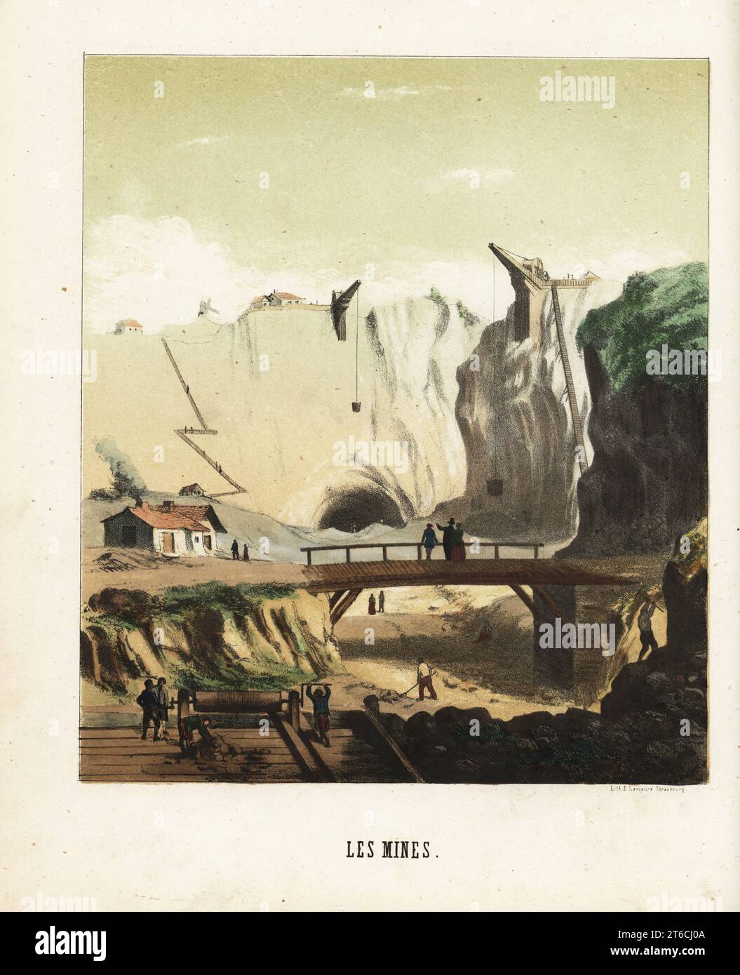 View of the surface of a mine, 19th century, with cranes, buildings, bridge, winch, huts, excavations, etc. Les mines. Handcolored lithograph by Emile Lemaitre from Munerelles Les Phenomenes et Curiosites de la Nature (Natural Phenomena and Curiosities), Libraire Derivaux, Strasbourg, 1856. Stock Photo