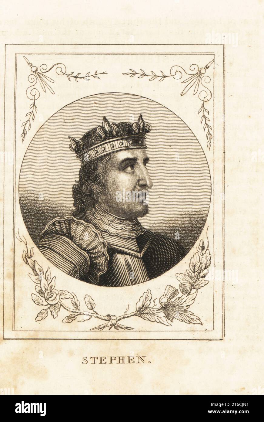 Portrait of King Stephen of England, 1096-1154. In crown and suit of plate armour. Copperplate engraving from M. A. Jones History of England from Julius Caesar to George IV, G. Virtue, 26 Ivy Lane, London, 1836. Stock Photo