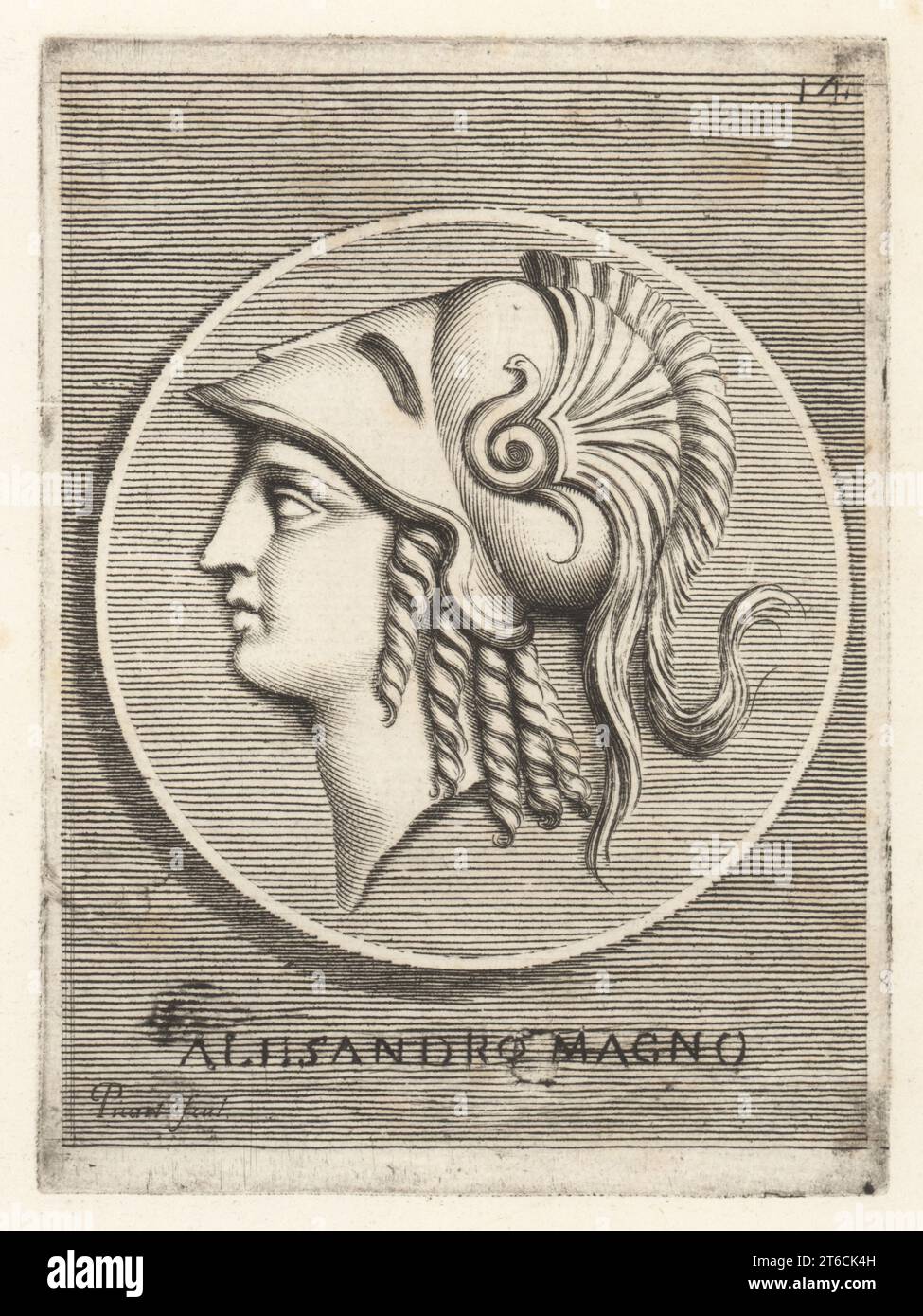 Profile portrait of Alexander the Great, Alexander III of Macedon, 356 323 BC, king of the ancient Greek kingdom of Macedon. Wearing a Corinthian helmet decorated with three feathers and a serpent. From a gold coin in the collection of Cardinal Camillo Massimo. Alessandro Magno. Copperplate engraving by Etienne Picart after Giovanni Angelo Canini from Iconografia, cioe disegni d'imagini de famosissimi monarchi, regi, filososi, poeti ed oratori dell' Antichita, Drawings of images of famous monarchs, kings, philosophers, poets and orators of Antiquity, Ignatio deLazari, Rome, 1699. Stock Photo