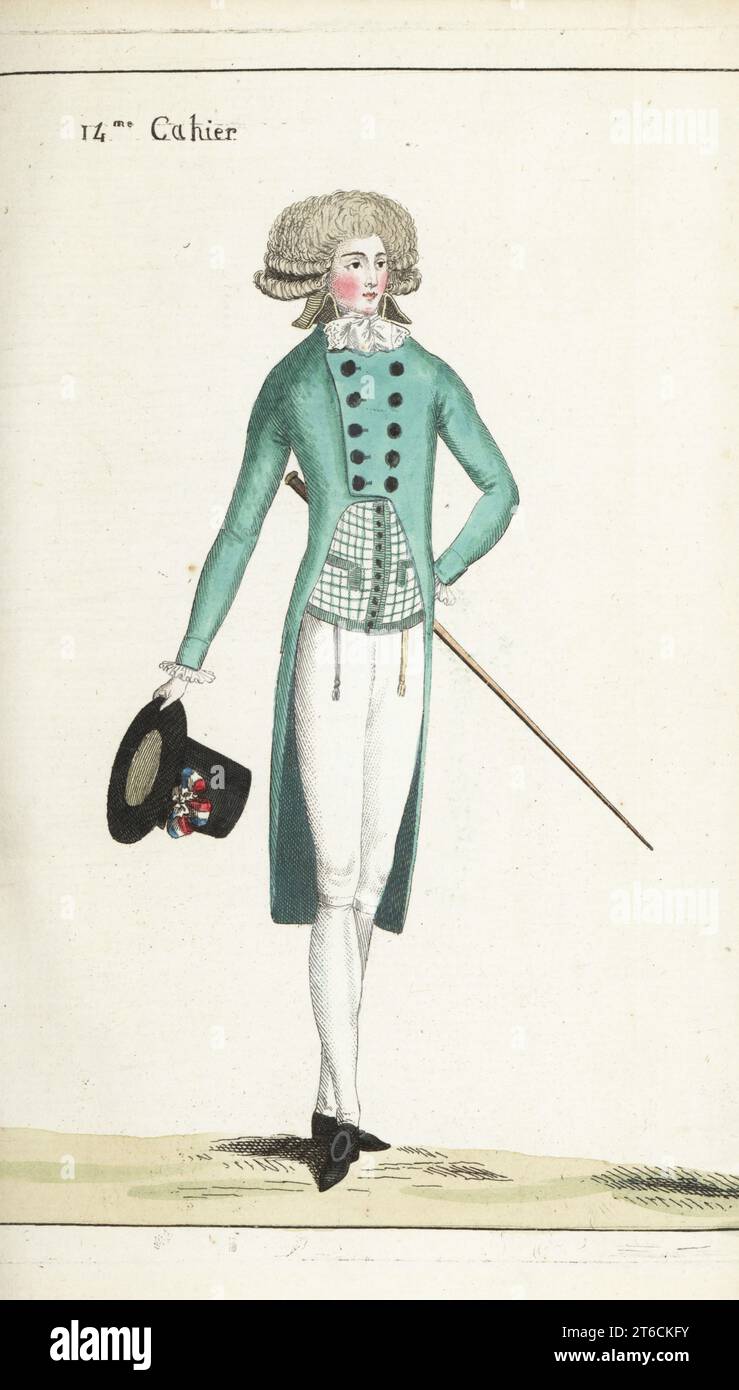 Fashionable man in English green double-breated coat, batiste cravate, bazin waistcoat, cotton culottes, two watches, silver buckle shoes, with cockade top hat and cane. Handcoloured copperplate engraving from Jean-Antoine le Brun or Lebrun-Tossas Journal de la Mode et du Gout, previously Cabinet des Modes, Chez Buisson, Paris, and Joseph le Boffe, London, 14me Cahier, 25 June 1790. Stock Photo