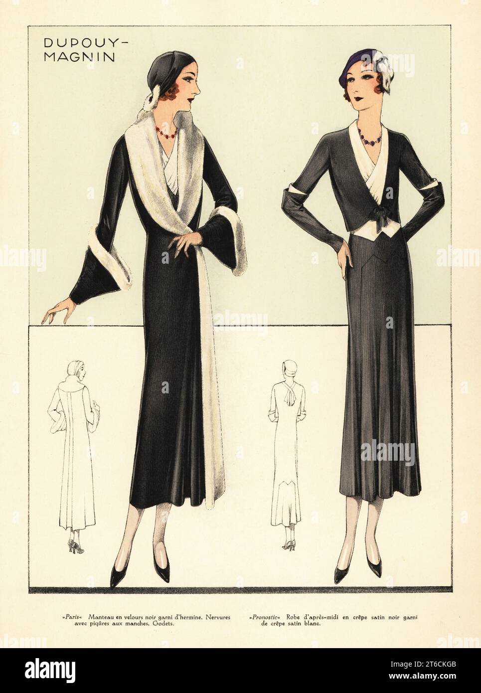 Coat in black velvet trimmed with ermine, Paris. Afternoon dress in black crepe satin trimmed with white crepe satin, Prognostic. Marcel wave bob hairstyles. Fashion designs by the house of Felix Dupouy and Magnin. Handcoloured pochoir lithograph from La Grande Couture, Creations pour la Femme Mondaine, Atelier Bachwitz, publisher of Chic Parisien, Vienna, September, 1931. Stock Photo