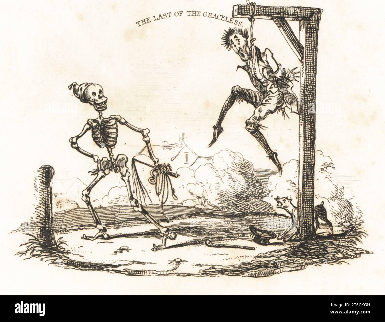 Vignette of the skeleton of Death with rope and whip looking at a man hanging from a gibbet, the Last of the Graceless. Drawn and engraved on steel by Richard Dagley from his own Deaths Doings, Consisting of Numerous Original Compositions in Verse and Prose, J. Andrews, London, 1827. Dagley (1761-1841) was an English painter, illustrator and engraver. Stock Photo