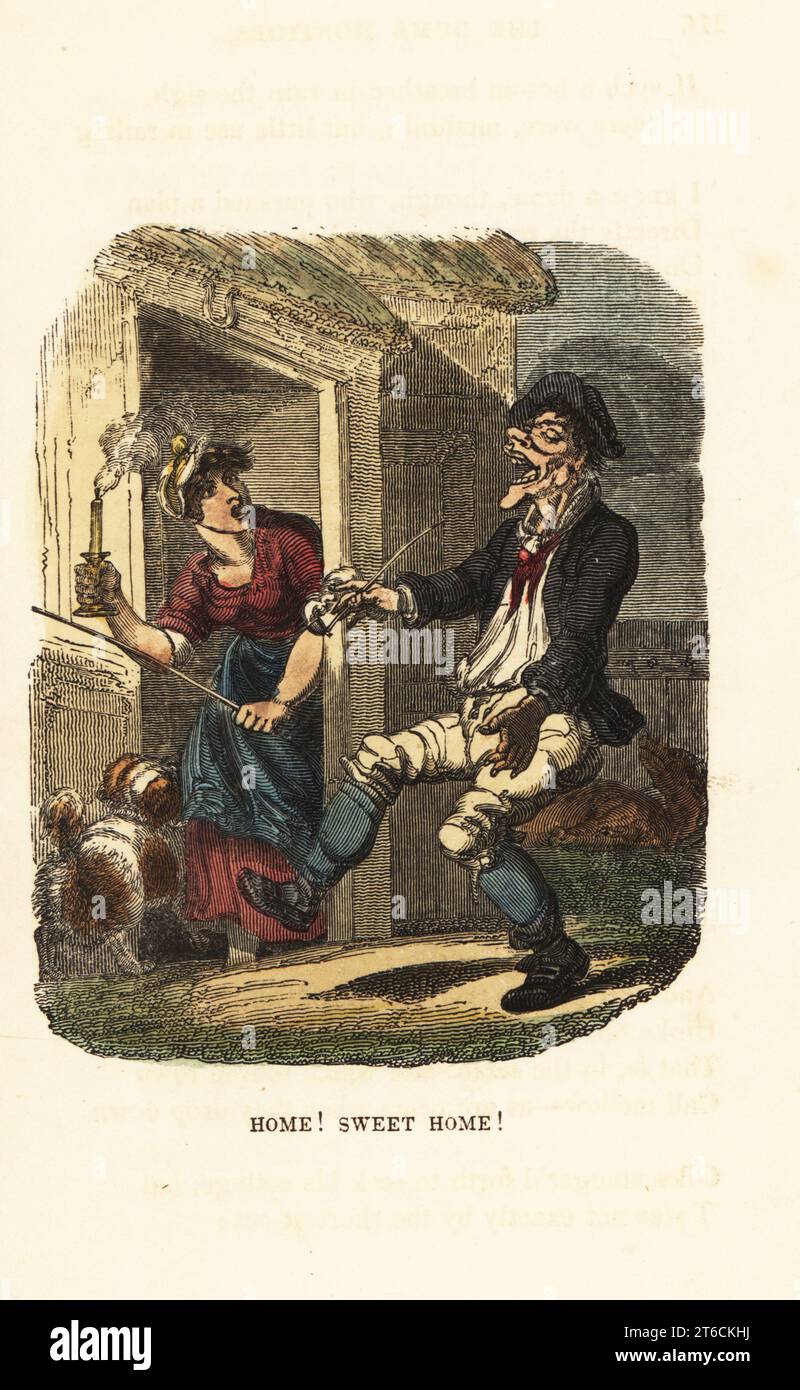 A rustic man arriving home drunk. His wife greets him with a candle and a stick. Home! Sweet Home! Handcoloured wood engraving after an illustration by Thomas Rowlandson from W. H. Harrisons The Humourist, a Companion for the Christmas Fireside, Rudolph Ackermann, 19 Strand, London, 1831. Stock Photo