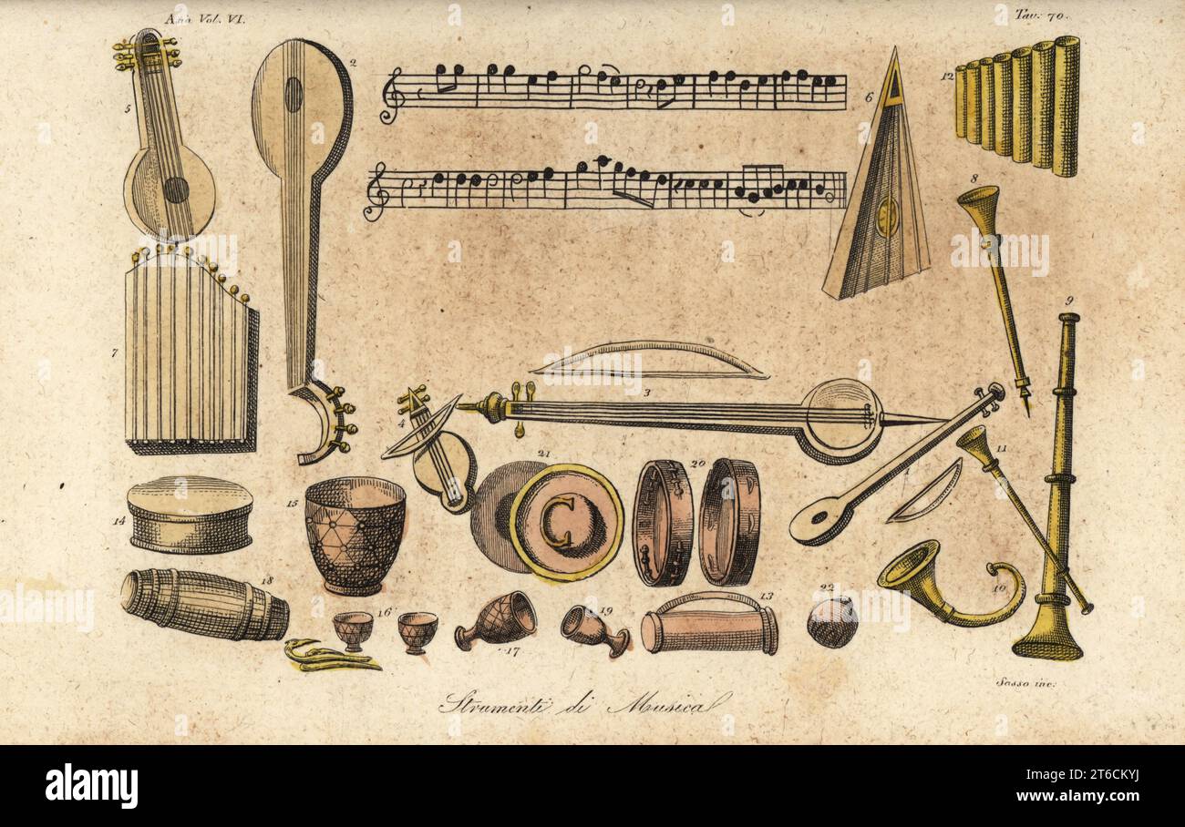Baglama or tanbur 1, sciehizdeh 2, kemancheh or rebab 3, setar 4, scienk 5,7, psalter 6, nefir 8, carhana 9, sciak-nefir or horn 10, sorna 11, musicar 12, dembal 13, dohol drum 14, kus kettledrum 15, naqqara 16, thabli-baz 17,18, tonbak 19, daf drum 20, sindi 21, rattle 22. Ancient Persian musical instruments. Strumenti di musica. Handcoloured copperplate engraving by Giovanni Antonio Sasso from Giulio Ferrarios Costumes Ancient and Modern of the Peoples of the World, Il Costume Antico e Moderno, Florence, 1847. Stock Photo