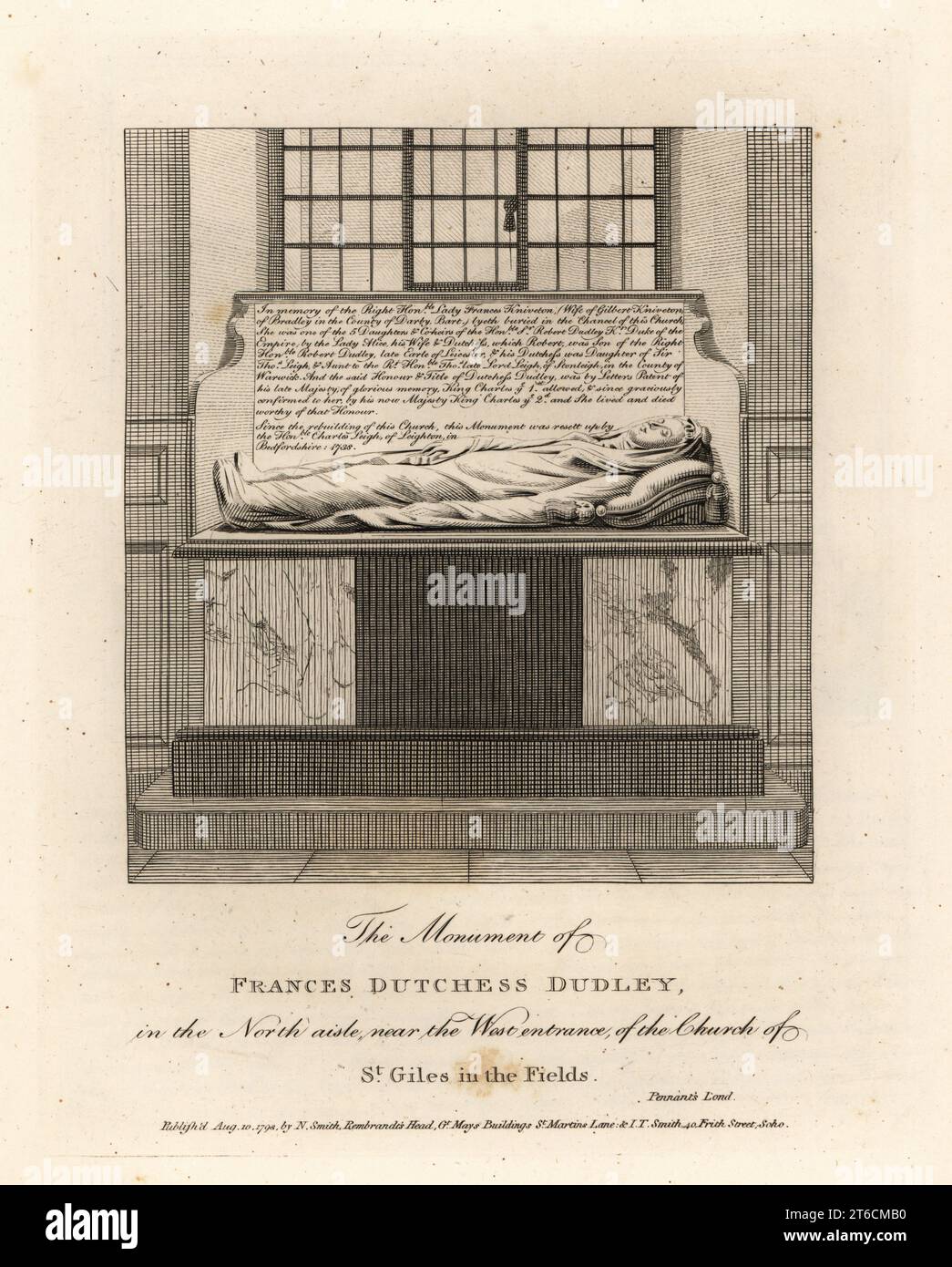 Monument of Lady Frances Kniveton, Duchess of Dudley, wife of Sir Gilbert Kniveton, in the church of St. Giles in the Fields. Depicted in a shroud. Copperplate engraving by John Thomas Smith after original drawings by members of the Society of Antiquaries from his J.T. Smiths Antiquities of London and its Environs, J. Sewell, R. Folder, J. Simco, London, 1798. Stock Photo