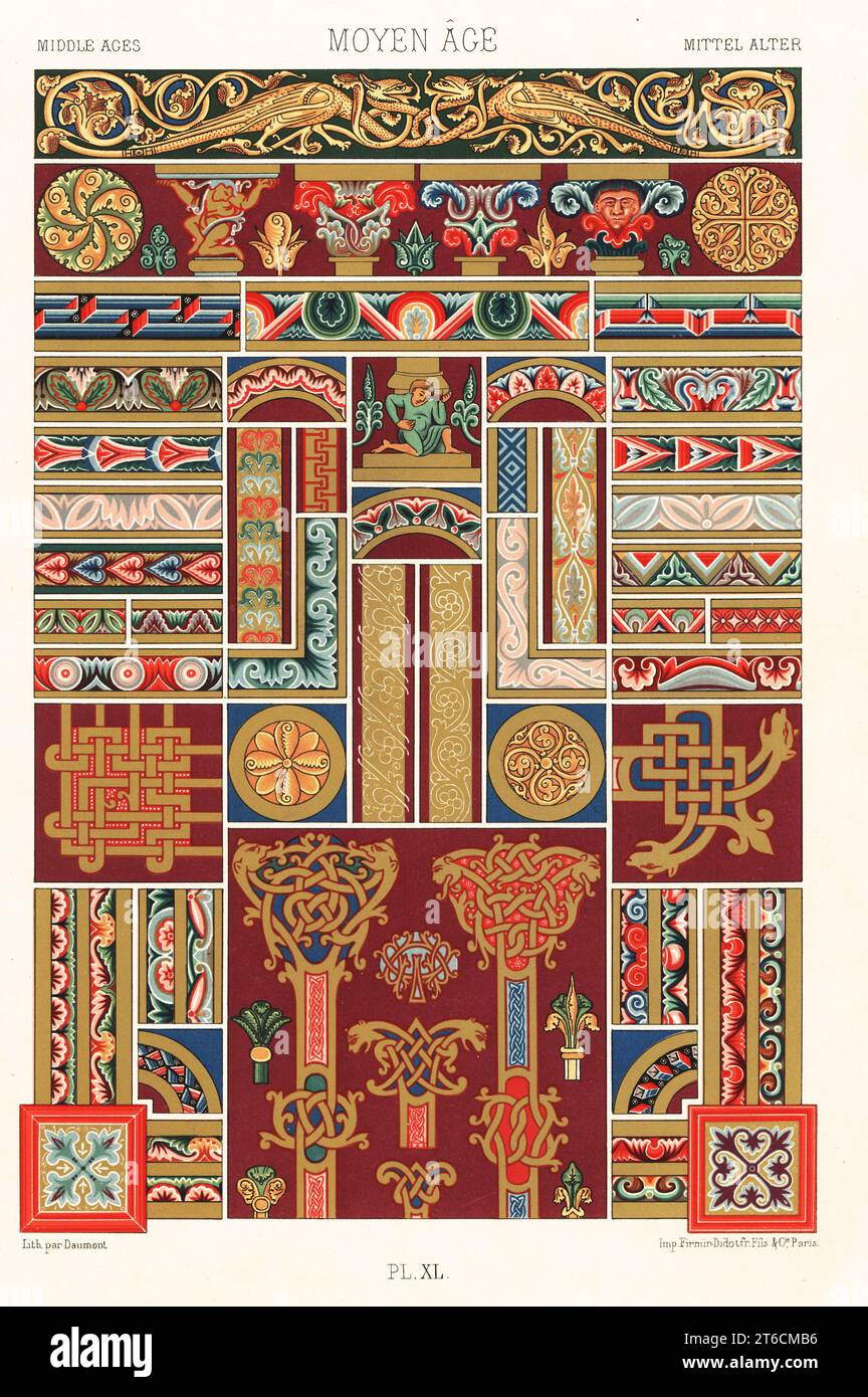 Middle Ages, Romanesque-style illuminated manuscripts. Borders, initials and decorations from the Beatus of the Apocalypse 12thC, and the Gospels of the Abbey of Luxeuil, 11thC and 12thC. Moyen Age. Hand-finished chromolithograph by Daumont from Albert-Charles-Auguste Racinets LOrnement Polychrome, (Polychromatic Ornament), Firmin-Didot, Paris, 1869-73. Stock Photo