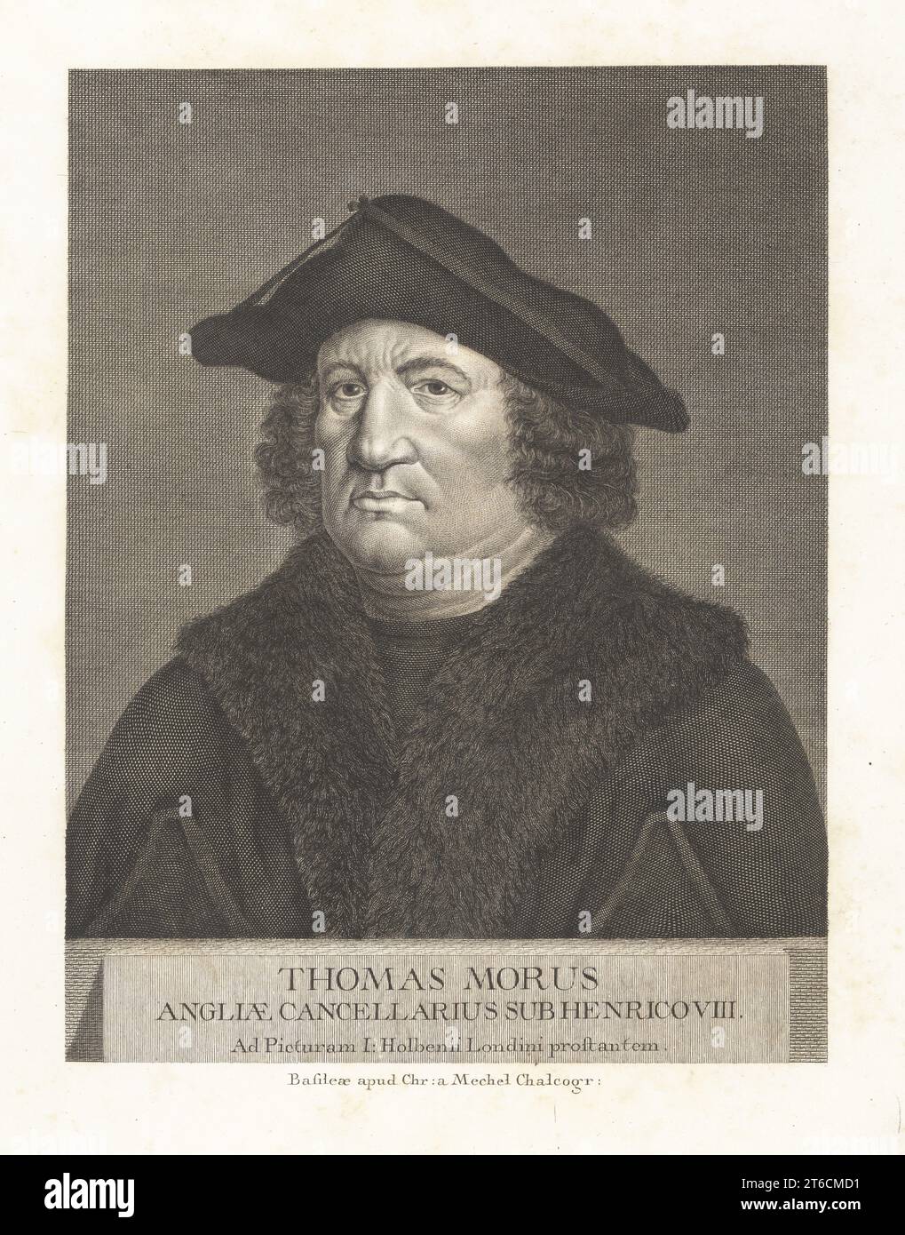 Portrait of Sir Thomas More, 1478-1535. English lawyer, judge,[9] social philosopher, author, statesman, and noted Renaissance humanist. Lord High Chancellor of England under King Henry VIII. Thomas Morus, Angliae Cancellarius sub Henrico VIII. Copperplate engraving by Bartholomaus Hubner after a portrait by Hans Holbein in Christian von Mechel's Oeuvre de Jean Holbein, Chez Guillaume Haas, Basel, 1790. Stock Photo