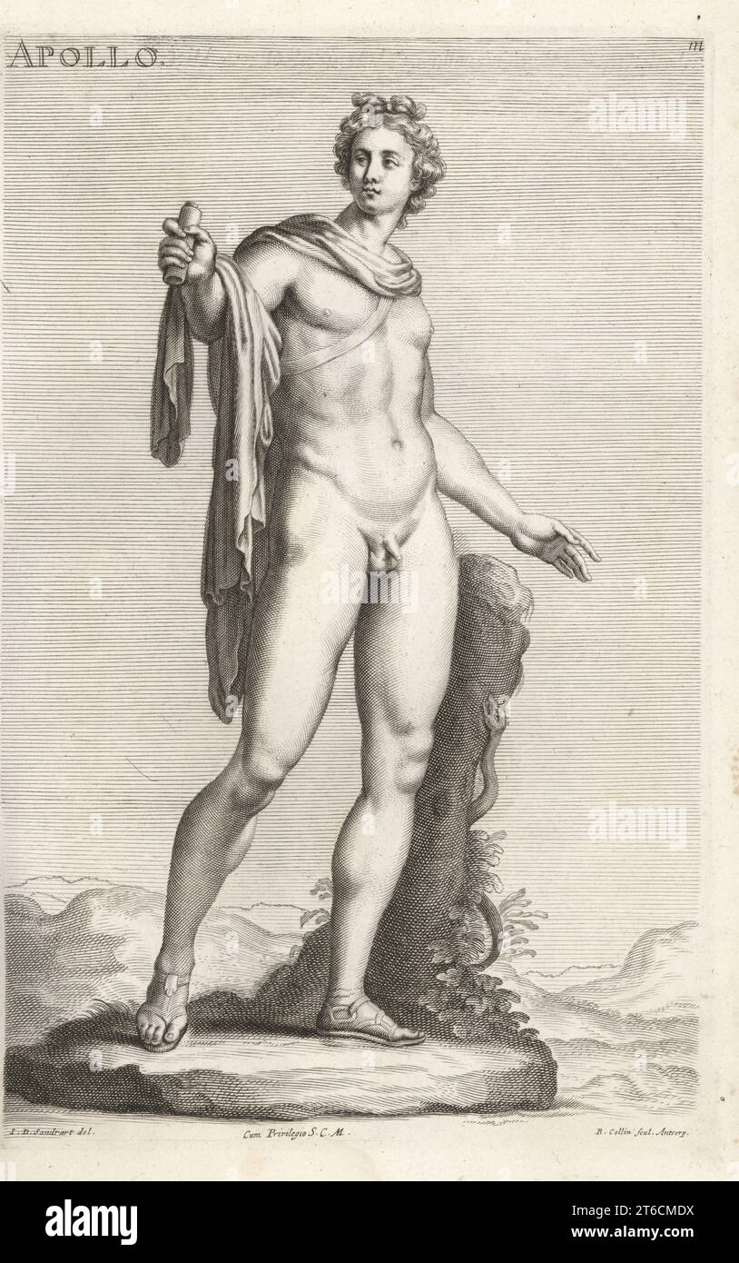 The Apollo Belvedere sculpture. Greek god Apollo with bow in his hand after shooting an arrow at the chthonic serpent Python. In chlamys cloak and sandals. From the Palazzo Belvedere, Rome. Copperplate engraving by Richard Collin after an illustration by Joachim von Sandrart from his LAcademia Todesca, della Architectura, Scultura & Pittura, oder Teutsche Academie, der Edlen Bau- Bild- und Mahlerey-Kunste, German Academy of Architecture, Sculpture and Painting, Jacob von Sandrart, Nuremberg, 1675. Stock Photo