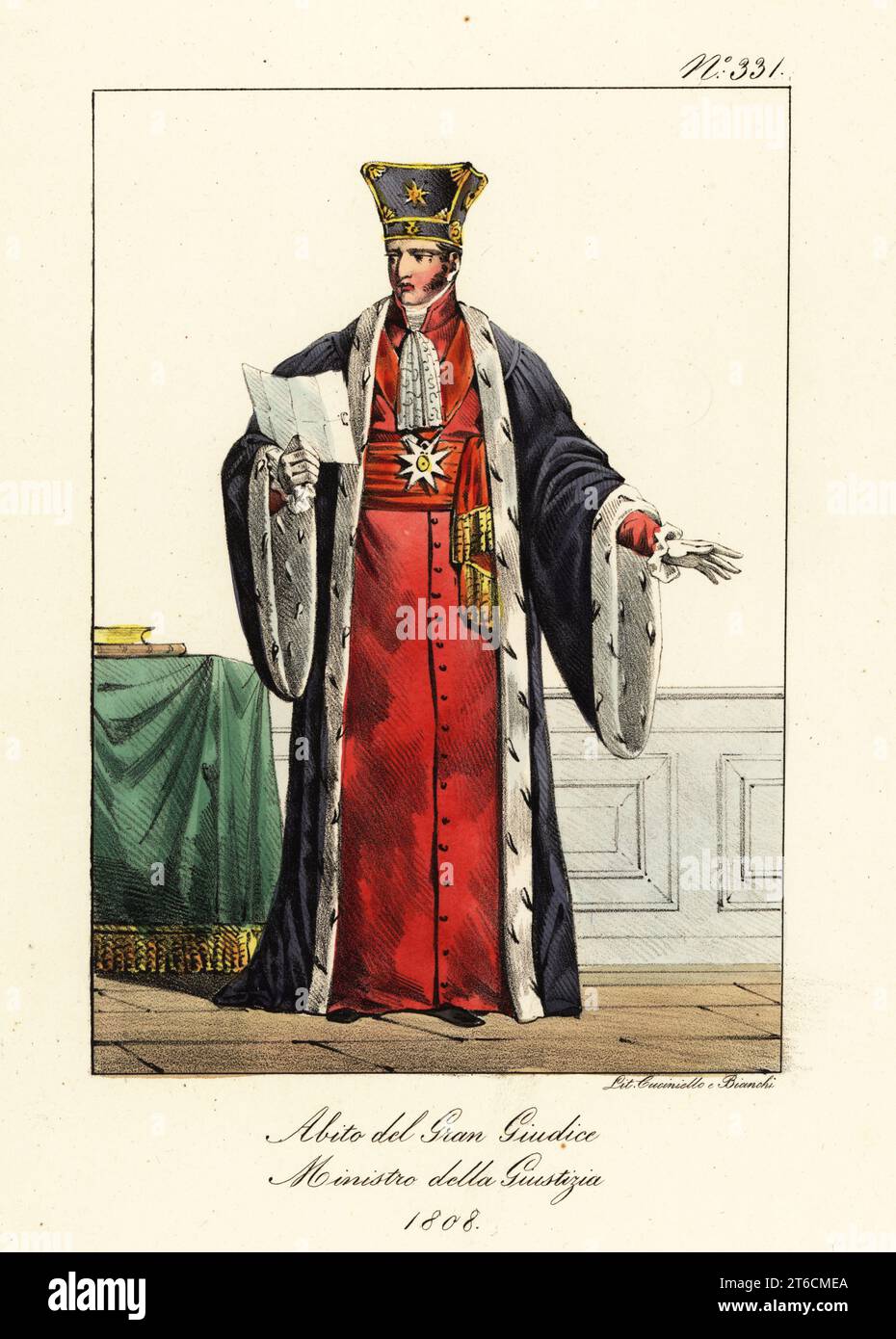 Costume of a French Chief Judge and Minister of Justice, during the First Empire, 1808. Based on a portrait of lawyer and politician Claude Ambroise Régnier, Duke of Massa, with the order of the Legion of Honour. Costume du Grand Juge. Ministre de la Justice. Handcoloured lithograph by Lorenzo Bianchi and Domenico Cuciniello after Hippolyte Lecomte from Costumi civili e militari della monarchia francese dal 1200 al 1820, Naples, 1825. Italian edition of Lecomtes Civilian and military costumes of the French monarchy from 1200 to 1820. Stock Photo