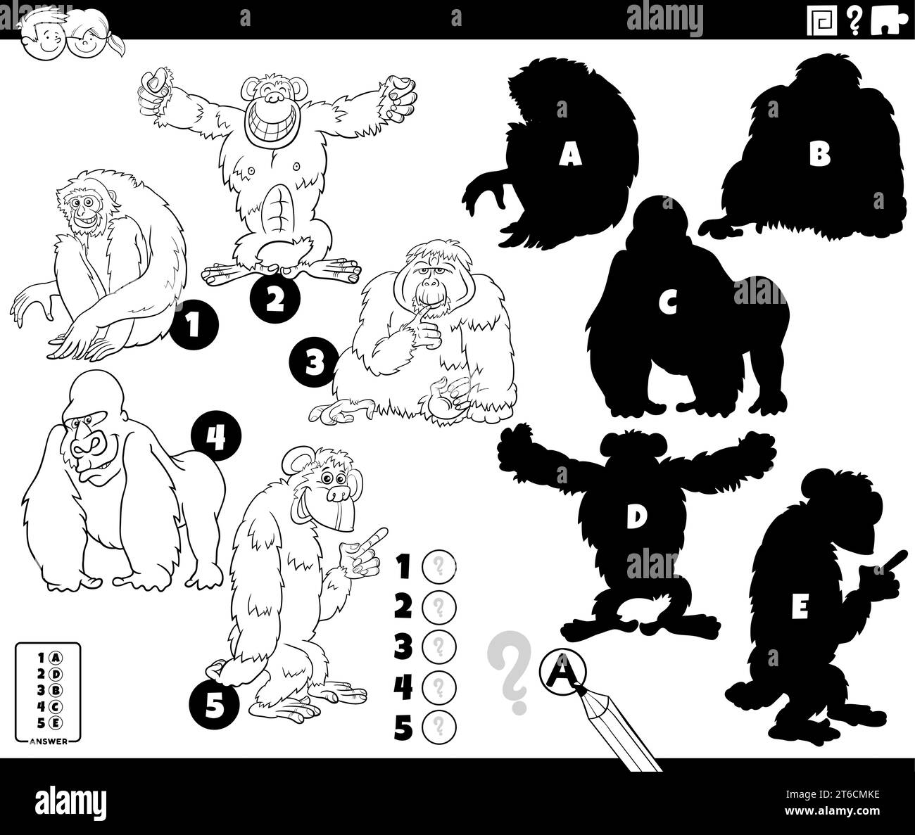 Black and white cartoon illustration of finding the right shadows to the pictures educational game with apes animal characters coloring page Stock Vector