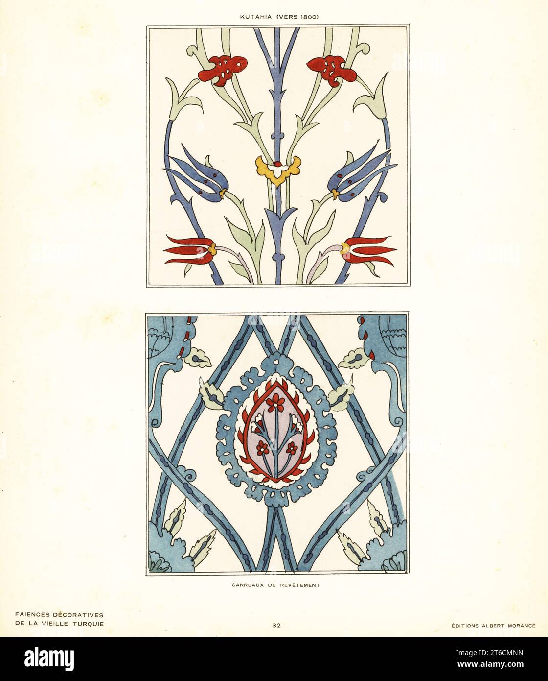 Ceramic floor tiles decorated with flowers and foliage made in Kutahya, Turkey, circa 1800. Carreaux de revetement. Kutahia (vers 1800). Pochoir (stencil) handcoloured lithograph from Alexandre Raymonds Faience Decorative de la Vieille Turquie, Decorative Pottery from Ancient Turkey, Editions Albert Morance, Paris, 1927. Stock Photo