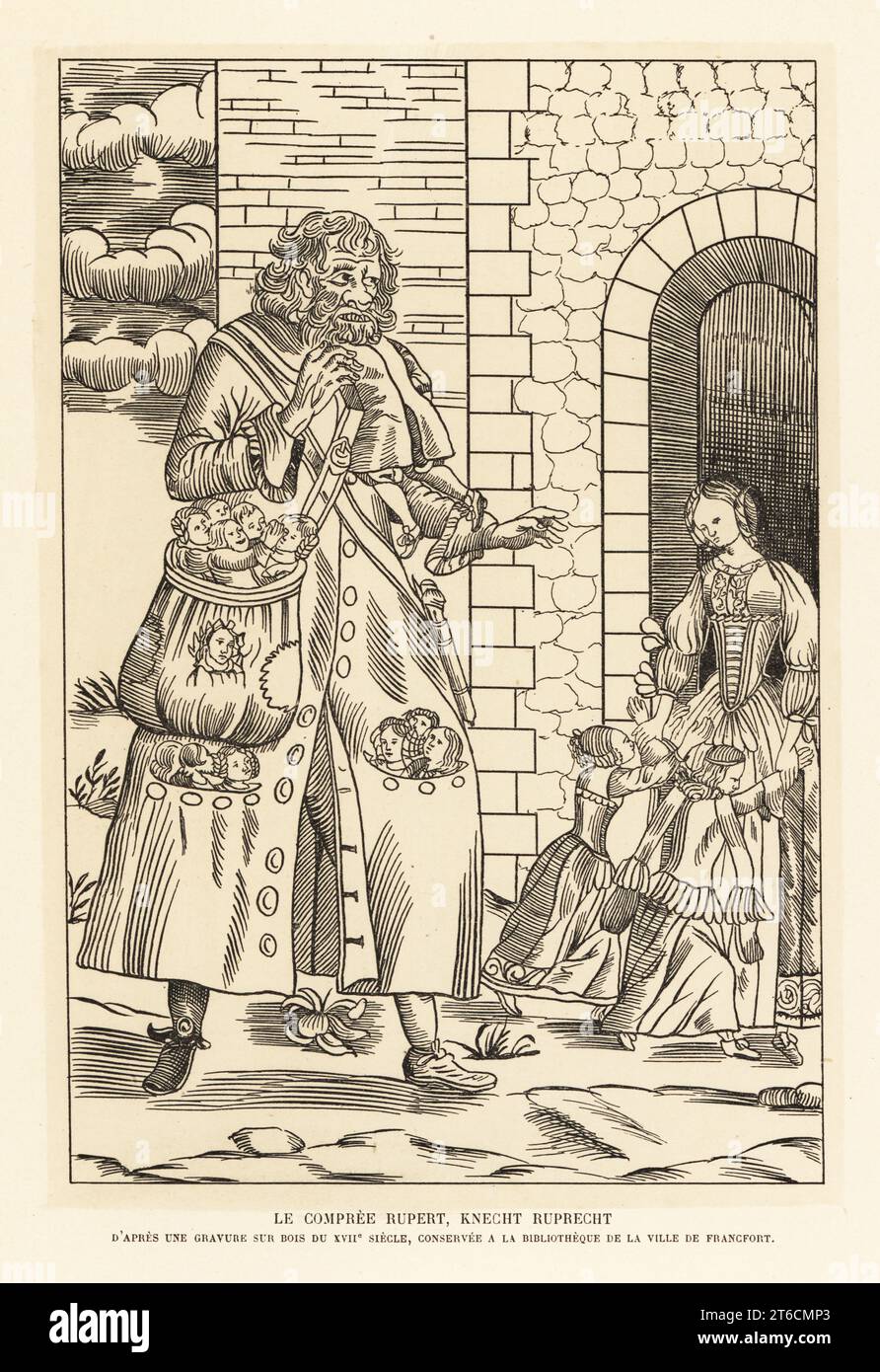Knecht Ruprecht, or Hans Ruprecht, manservant to Saint Nicholas in German folklore and figure in a Nuremberg Christmas procession. The pockets of his long coat are filled with children. He appears in Le Compree Rupert, Knecht Ruprecht. Apres une gravure sur bois du XVIIe siecle. Lithograph after a 17th-century woodcut from Henry Rene dAllemagnes Recreations et Passe-Temps, Games and Pastimes, Hachette, Paris, 1906. Stock Photo