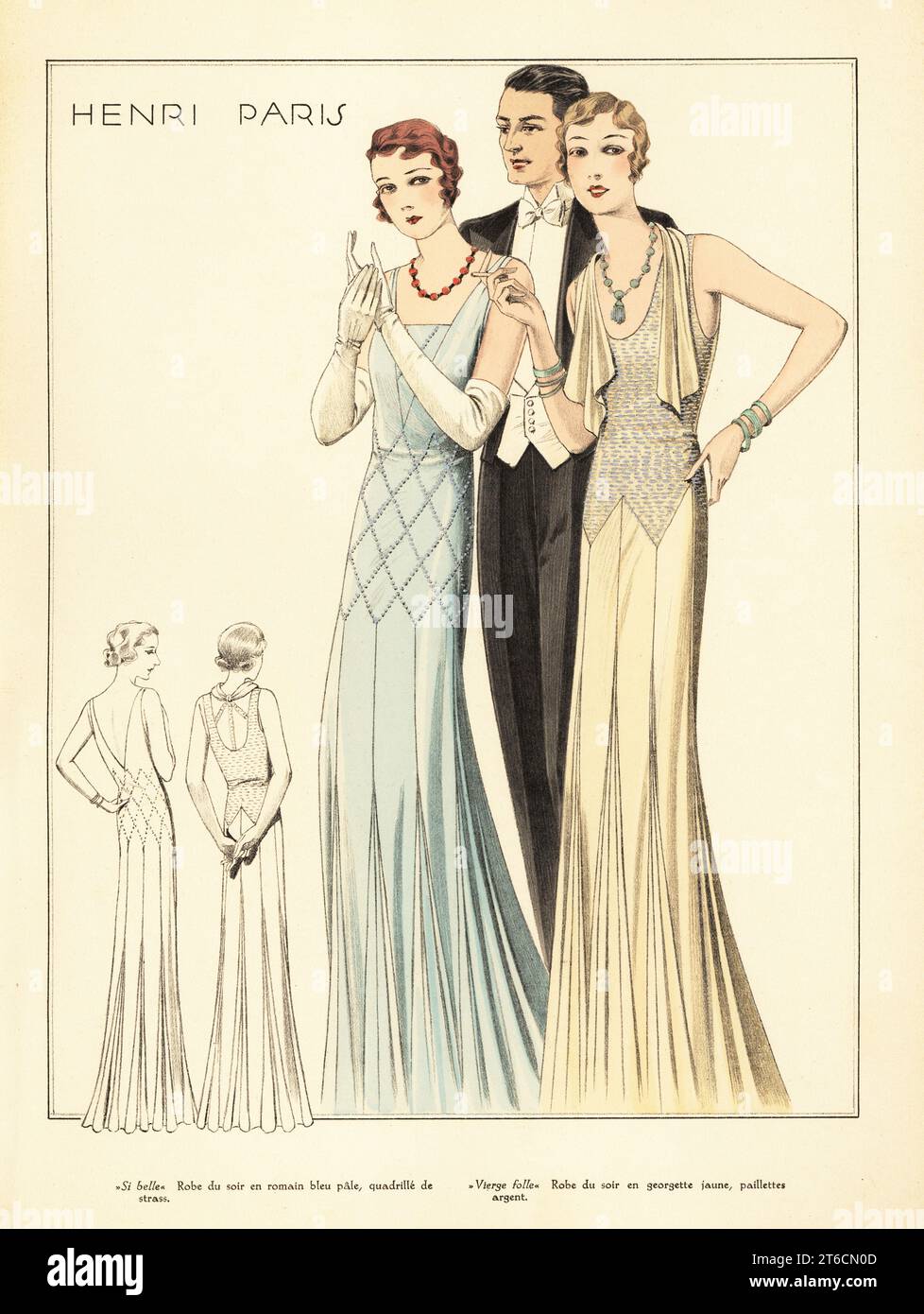 Woman in Si Belle evening dress in blue romain crepe. Woman in Vierge Folle evening dress in yellow crepe georgette decorated with spangles. Marcel wave bob hairstyles. Fashion designs by Henri Paris. Handcoloured pochoir lithograph from La Grande Couture, Creations pour la Femme Mondaine, Atelier Bachwitz, publisher of Chic Parisien, Vienna, September, 1931. Stock Photo