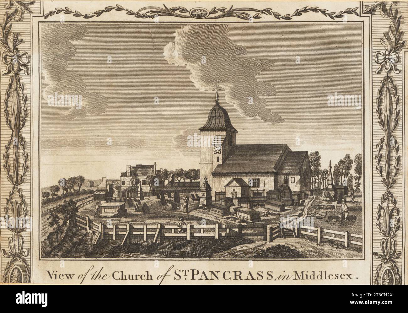 St Pancras Old Church, central London, 18th century. Norman church rebuilt in the Late Tudor era with tower, nave, chancel and porch. Graveyard with headstones. View of the church of St. Pancrass in Middlesex. Copperplate engraving by Lodge from William Thorntons New, Complete and Universal History of the City of London, Alexander Hogg, King's Arms, No. 16 Paternoster Row, London, 1784. Stock Photo