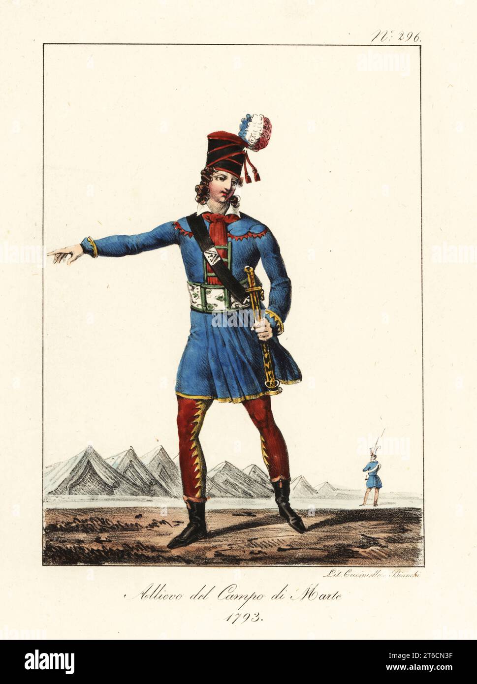 Student (officer) at the Revolutionary military school called the Ecole de Mars, encamped at the Portes de Paris and Bois de Boulogne, 1793. Designed by Jacques-Louis David, the uniform comprised a shako with tricolor plume, blue Polish tunic, tight trousers, canvas gaiters, short Roman sword. Eleve du campe de Mars. 1793 . Handcoloured lithograph by Lorenzo Bianchi and Domenico Cuciniello after Hippolyte Lecomte from Costumi civili e militari della monarchia francese dal 1200 al 1820, Naples, 1825. Italian edition of Lecomtes Civilian and military costumes of the French monarchy from 1200 to Stock Photo
