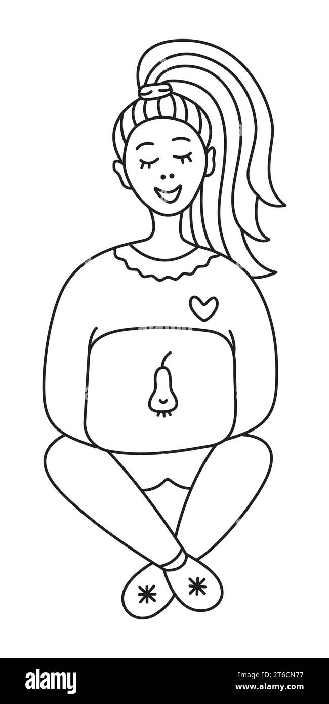 Woman freelancer, girl with a laptop, cute black line vector doodle Stock Vector
