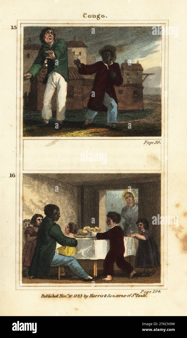 Enslaved person Congo escaping from Paddy OLearys gang in Cork 15, and Miss Cooper recognizing Congo in a cottage in Ireland 16. Handcoloured copperplate engraving from Eliza Rotch Farrars The Adventures of Congo in Search of his Master, J. Harris and Son, London, 1823. Eliza Farrar, 1791-1870, was the daughter of a Nantucket whaling family who white several childrens books. Stock Photo