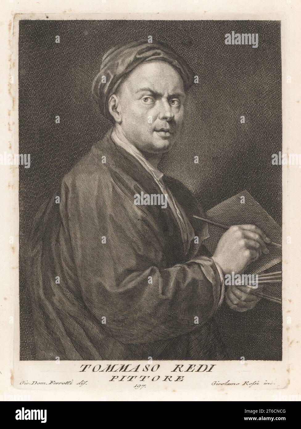 Tommaso Redi, Italian painter, active during the late-Baroque in his native Florence, 1665-1726. Painted the Palazzo Pitti. In hat and robes, holding a palette and paintbrushes. Pittore. Copperplate engraving by Pietro Antonio Pazzi after Giovanni Domenico Ferretti after a self portrait by the artist from Francesco Moucke's Museo Florentino (Museum Florentinum), Serie di Ritratti de Pittori (Series of Portraits of Painters) stamperia Mouckiana, Florence, 1752-62. Stock Photo