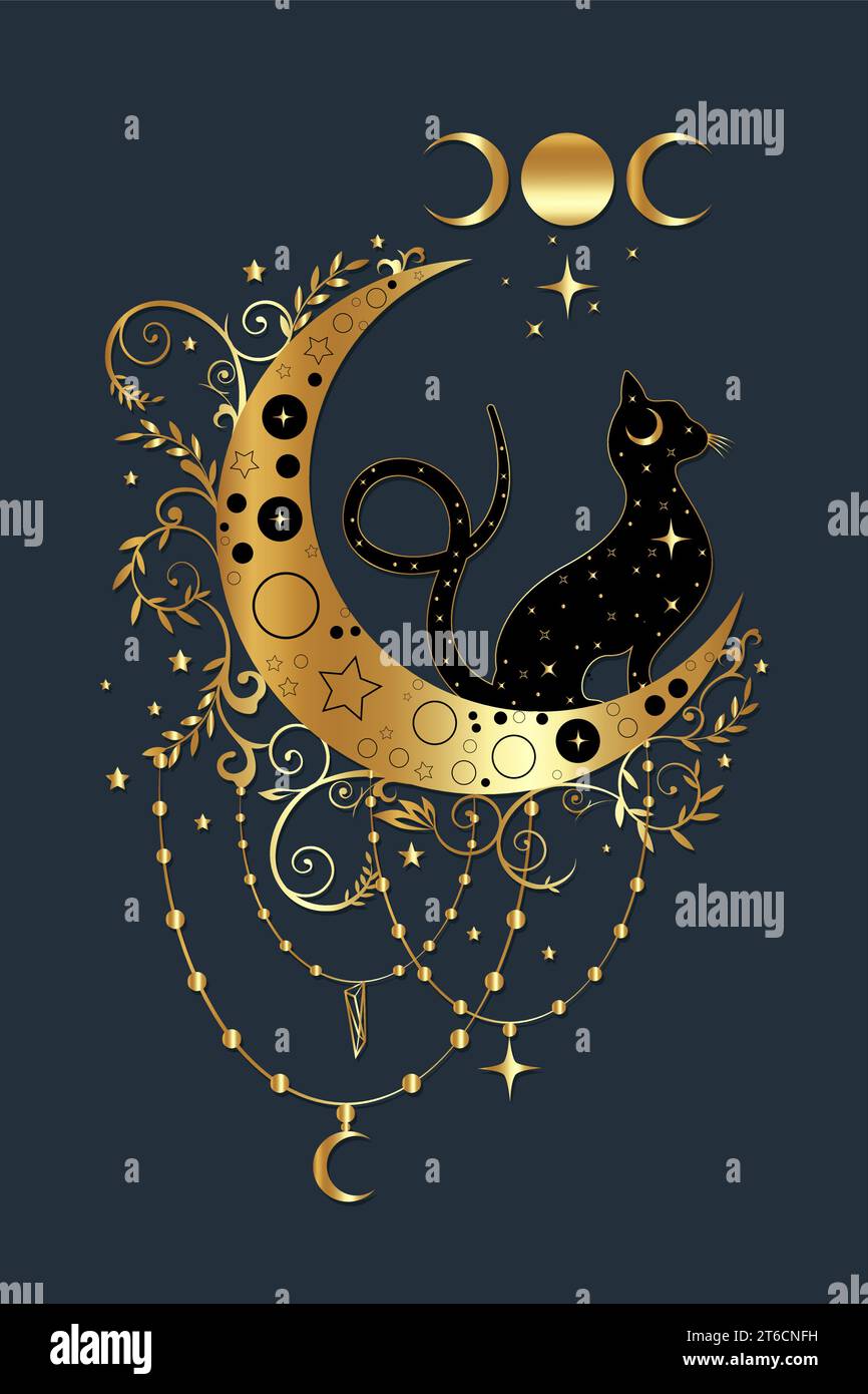 Mystical black cat over celestial crescent moon and triple goddess, witchcraft symbol, witchy esoteric gold logo. Vector golden luxury wiccan clipart Stock Vector