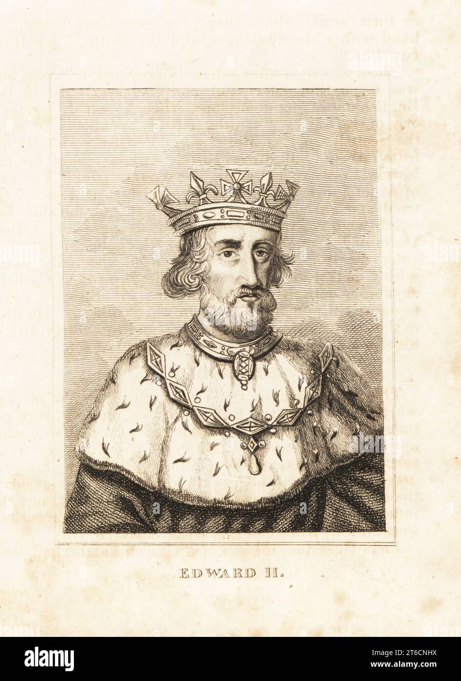 Portrait of King Edward II, 1284-1327, wearing crown, ermine collar, cloak and gold chain. Copperplate engraving from M. A. Jones History of England from Julius Caesar to George IV, G. Virtue, 26 Ivy Lane, London, 1836. Stock Photo