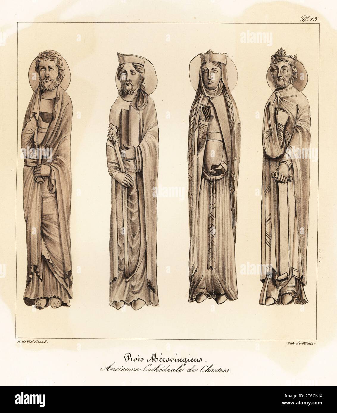 Merovingian kings and queens from the jambs of the Royal Portal, Chartres Cathedral. Now identified as Old Testament figures. Rois Merovingiens, Ancienne Cathedrale de Chartres. Tinted lithograph by Villain after an illustration by Horace de Viel-Castel from his Collection des costumes, armes et meubles pour servir à l'histoire de la France (Collection of costumes, weapons and furniture to be used in the history of France), Treuttel & Wurtz, Bossange, 1827. Stock Photo