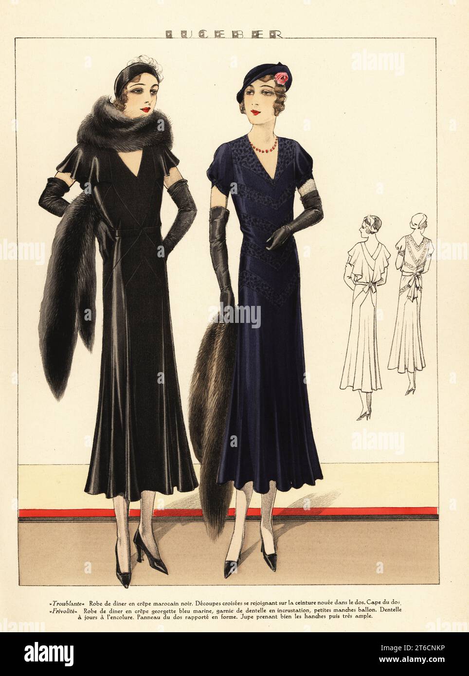Woman in Troublante dinner dress in black Moroccan crepe with fur stole. Woman in Frivolite dinner dress in navy blue crepe georgette. Marcel wave bob hairstyles and cloche hats. Fashion designs by Luceber. Handcoloured pochoir lithograph from La Grande Couture, Creations pour la Femme Mondaine, Atelier Bachwitz, publisher of Chic Parisien, Vienna, September, 1931. Stock Photo