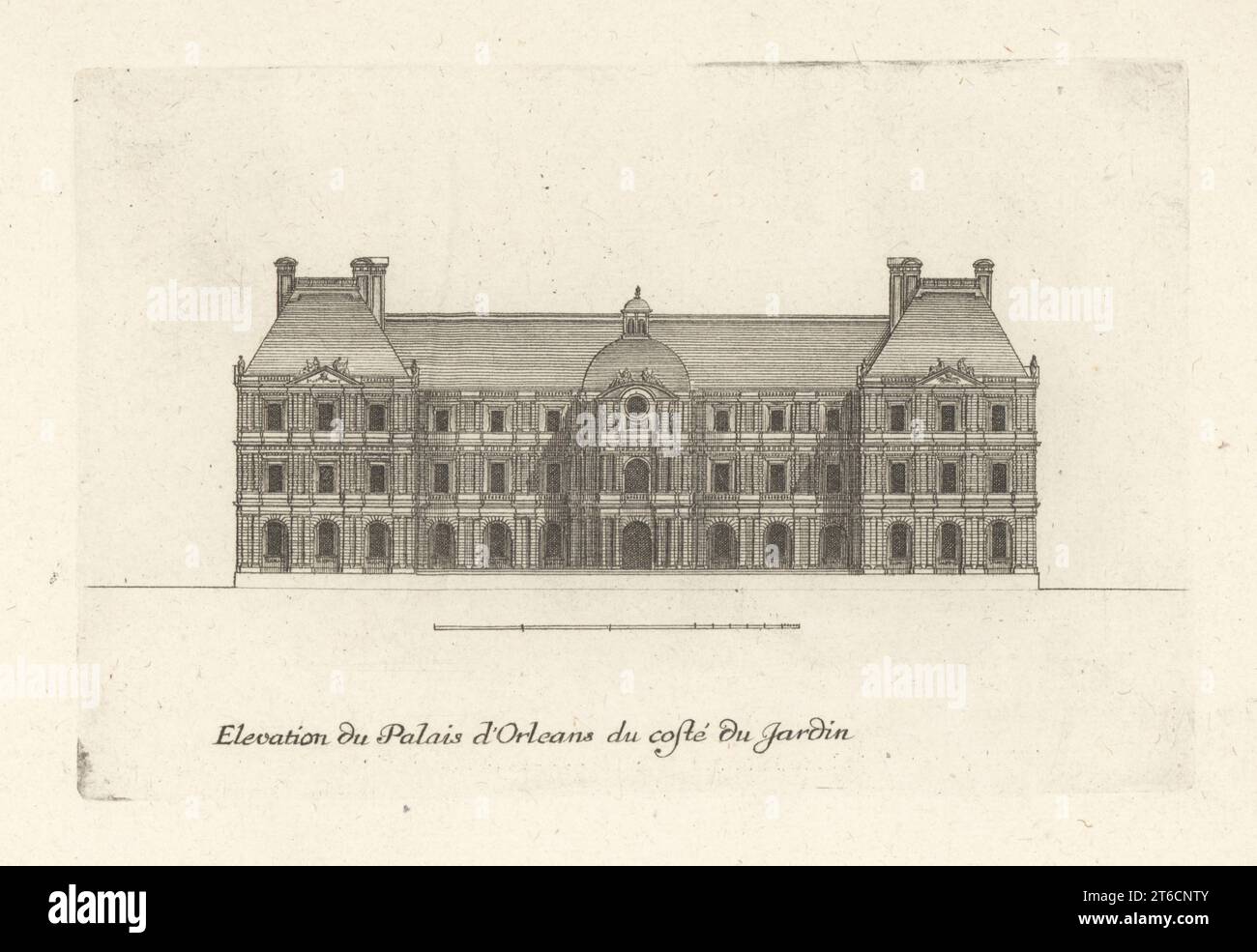 Elevation of the garden side of Luxembourg Palace (Palais du Luxembourg), built to the designs of French architect Salomon de Brosse for Marie de' Medici. Elevation du Palais d'Orleans du cote du jardin. Copperplate engraving drawn and engraved by Jean Marot from his Recueil des Plans, Profils et Elevations de Plusieurs Palais, Chasteaux, Eglises, Sepultures, Grotes et Hotels,Collection of Plans, Profiles and Elevations of Palaces, Castles, Churches, Tombs, Grottos and Hotels, chez Mariette, Paris, 1655. Stock Photo