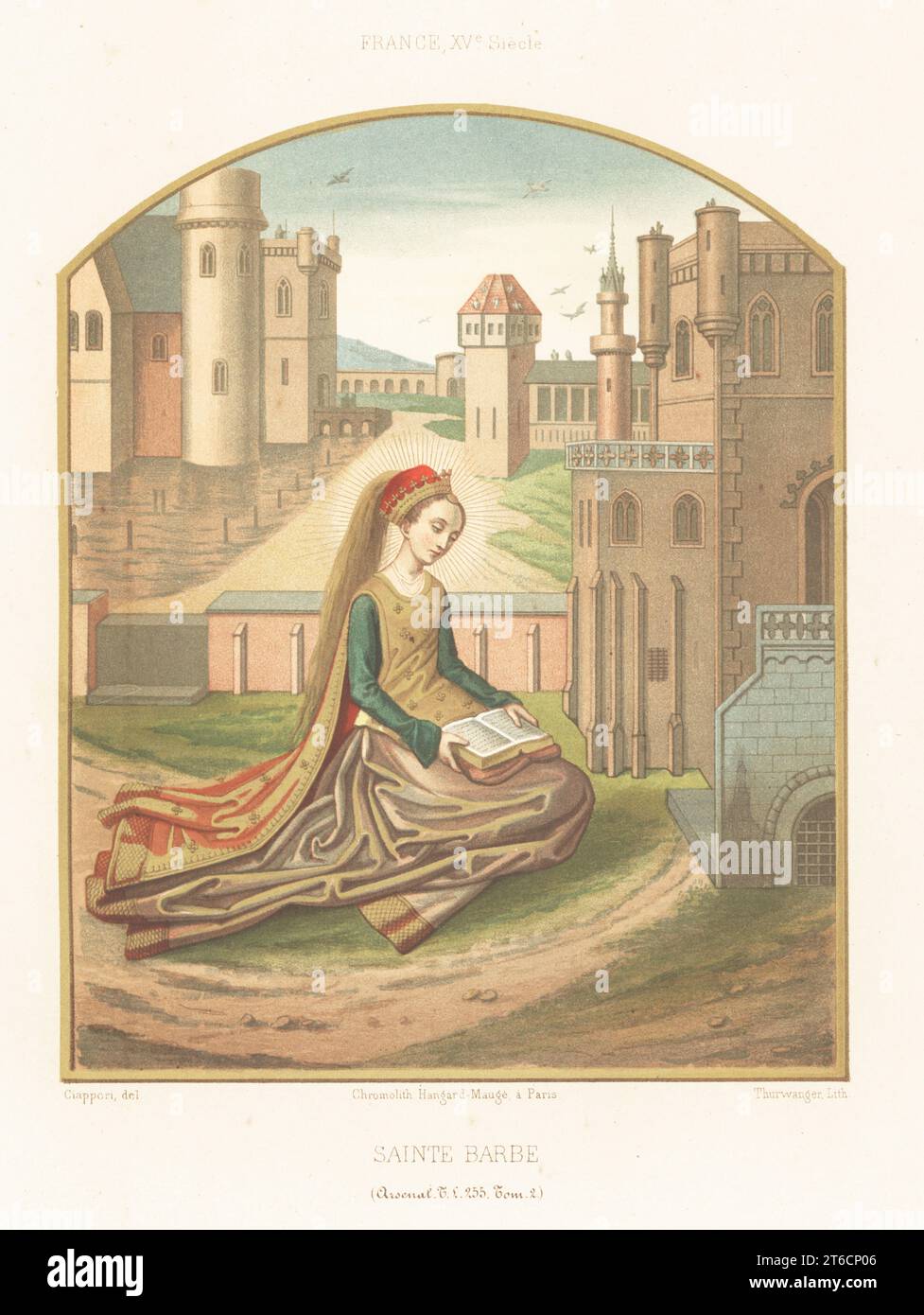 Saint Barbara, virgin martyr, patron saint of explosives, 3rd century. In crown and velvet gown, reading a Bible near a town with a round tower with three windows. In 15th century French costume. Saint Barbe, XVe siecle. Taken from a Book of Hours, livre d'heures, MS Tl 255, Tom. 2, Bibliotheque de l'Arsenal. Chromolithograph by Thurwanger after an illustration by Claudius Joseph Ciappori from Charles Louandres Les Arts Somptuaires, The Sumptuary Arts, Hangard-Mauge, Paris, 1858. Stock Photo