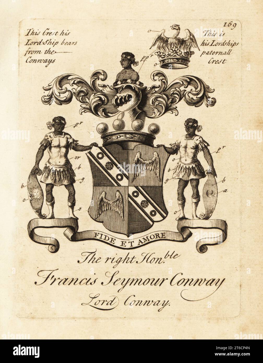Coat of arms of the Right Honourable Francis Seymour Conway, Lord Conway., 1st Baron Conway of Ragley, 1st Baron Conway of Killultagh, 1679-1731. Copperplate engraving by Andrew Johnston after C. Gardiner from Notitia Anglicana, Shewing the Achievements of all the English Nobility, Andrew Johnson, the Strand, London, 1724. Stock Photo