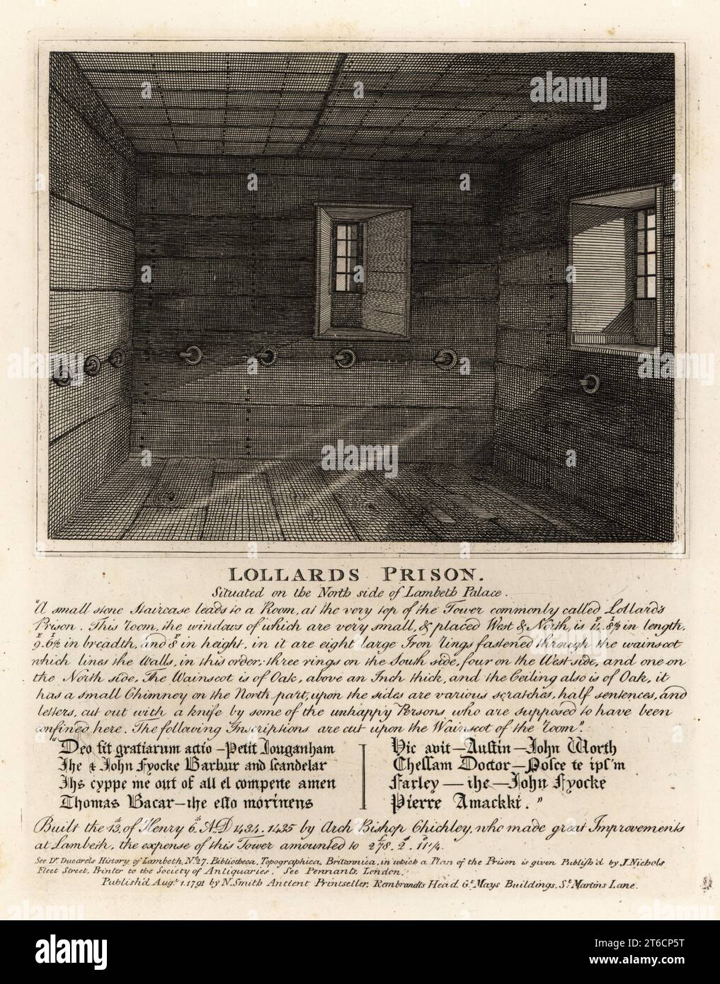 Lollards Prison, in the tower of Lambeth Palace. A room with oak ceiling and graffitied panels, small windows, and rings to secure prisoners. Built by Archbishop Chichley in 1435. Copperplate engraving by John Thomas Smith after original drawings by members of the Society of Antiquaries from his J.T. Smiths Antiquities of London and its Environs, J. Sewell, R. Folder, J. Simco, London, 1791. Stock Photo