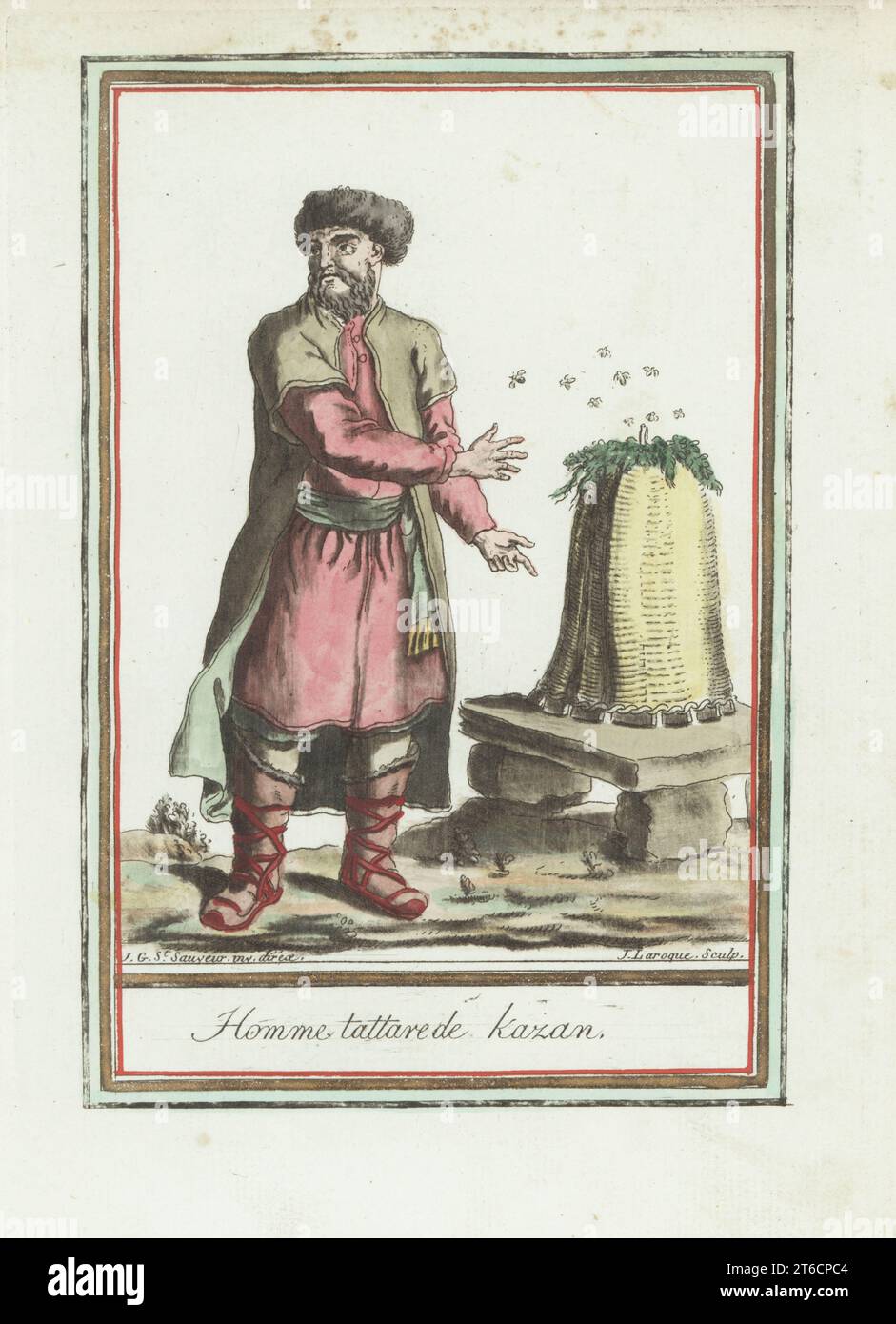 Tatar Man Tatar man of Kazan with beehive and honey bees. In fur cap, short ...