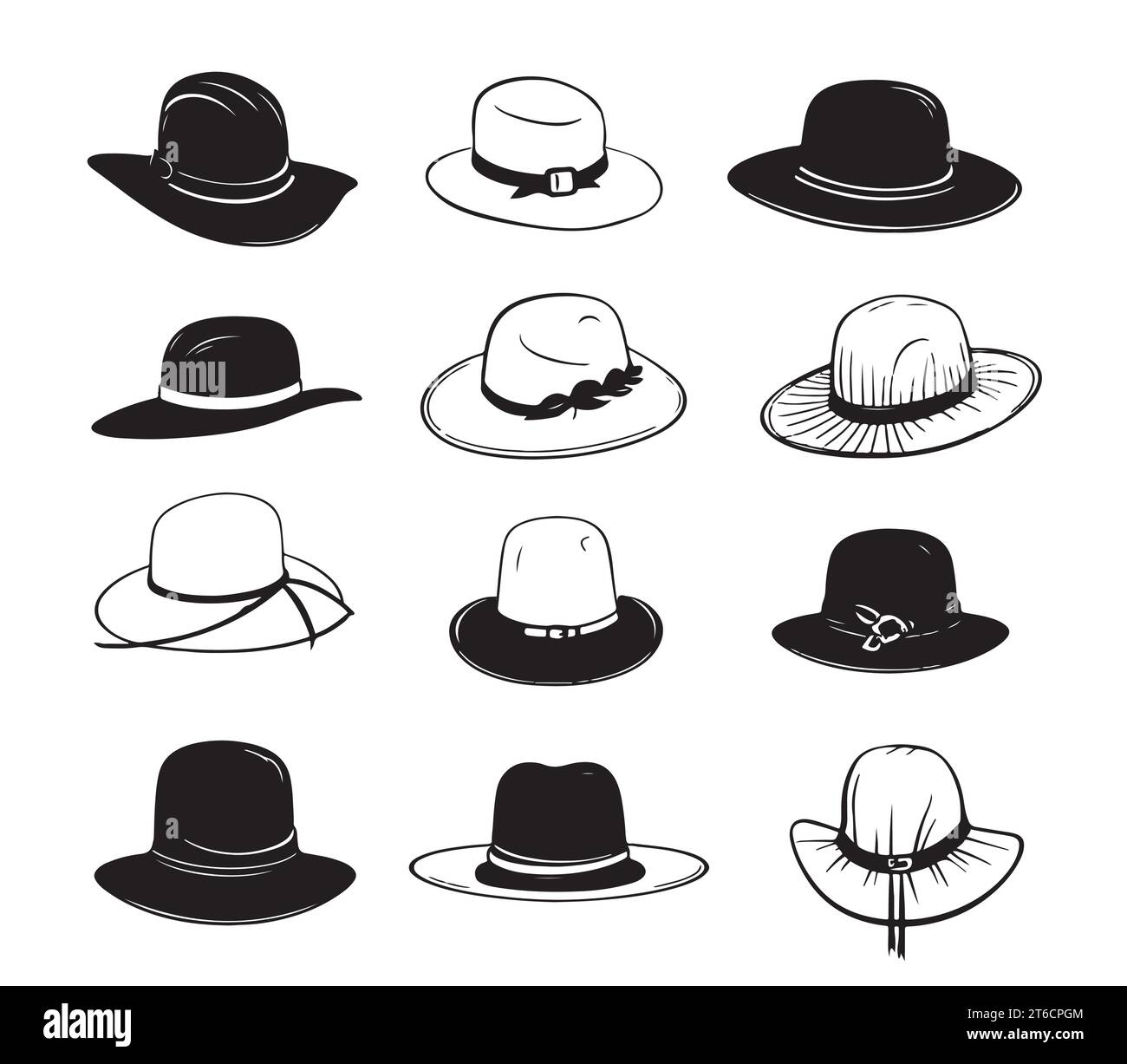 Set of hats sketch drawn in doodle style. Woman hat symbols ,signs