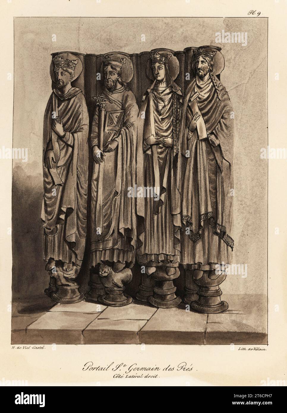 Portal of the Abbey of St. Germain de Pres, Paris, with statues of the Merovingian princes, sons of the Frankish king Clovis I. Portail St. Germain des Pres, cote lateral gauche. Tinted lithograph by Villain after an illustration by Horace de Viel-Castel from his Collection des costumes, armes et meubles pour servir à l'histoire de la France (Collection of costumes, weapons and furniture to be used in the history of France), Treuttel & Wurtz, Bossange, 1827. Stock Photo