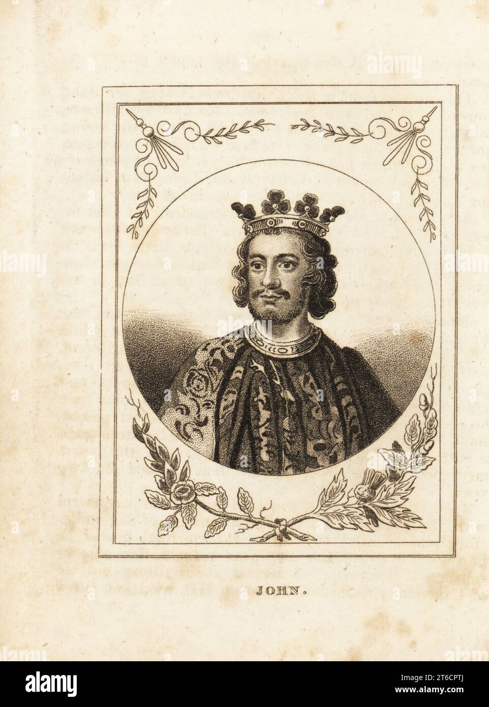 Portrait of King John of England, reigned 1199-1216. In crown, collar and armorial robe. Copperplate engraving from M. A. Jones History of England from Julius Caesar to George IV, G. Virtue, 26 Ivy Lane, London, 1836. Stock Photo