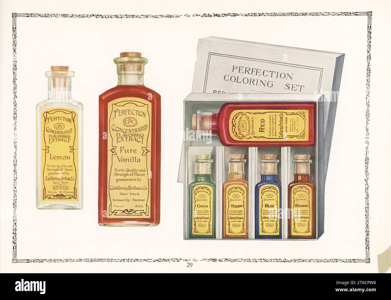 Perfection brand food dyes and extracts, 1927. Corked bottles of Lemon