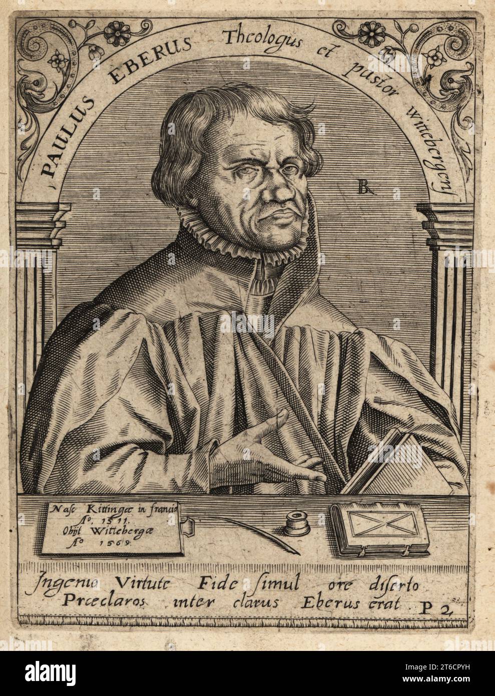 Paul Eber, 1511-1569, German Lutheran theologian, reformer and hymnwriter. Paulus Eberus Theologus et pastor wittebergensis. Copperplate engraving by Johann Theodore de Bry from Jean-Jacques Boissards Bibliotheca Chalcographica, Johann Ammonius, Frankfurt, 1650. Stock Photo