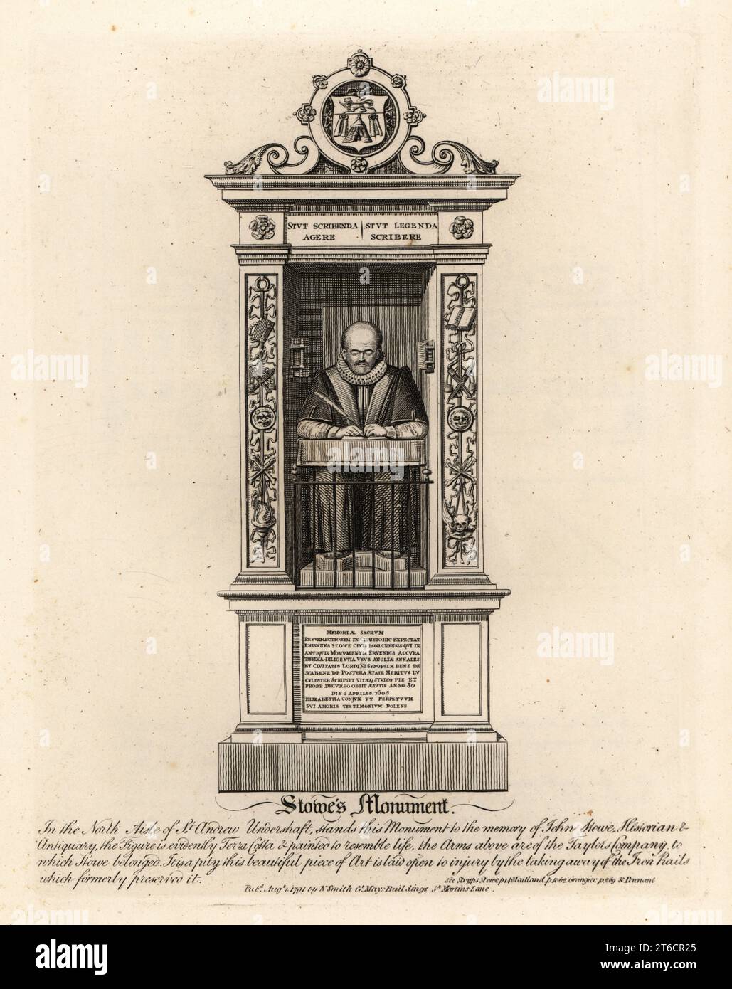 John Stowe, Historian and Antiquarian, 1525-1605, from his monument in the Church of St. Andrew, Undershaft. Depicted in an Elizabethen ruff holding a quill pen seated at a desk. Copperplate engraving by John Thomas Smith after original drawings by members of the Society of Antiquaries from his J.T. Smiths Antiquities of London and its Environs, J. Sewell, R. Folder, J. Simco, London, 1791. Stock Photo