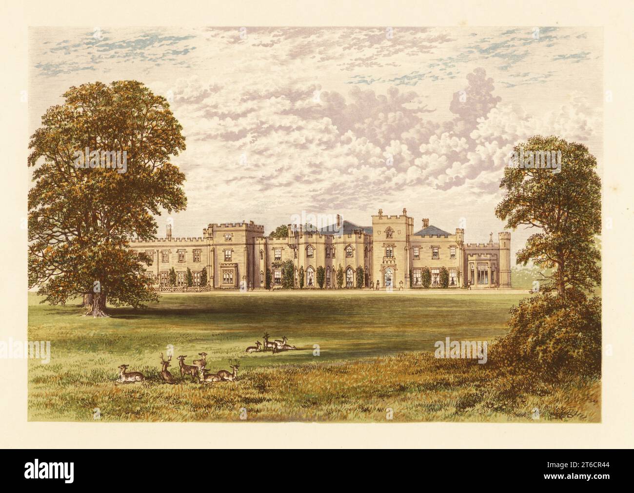 Panshanger Park, Hertfordshire, England. Gothic-Revival style house built by Samuel Wyatt and William Atkinson in 1806 with gardens landscaped by Humphry Repton for Peter Clavering-Cowper, 5th Earl Cowper. Colour woodblock by Benjamin Fawcett in the Baxter process of an illustration by Alexander Francis Lydon from Reverend Francis Orpen Morriss Picturesque Views of the Seats of Noblemen and Gentlemen of Great Britain and Ireland, William Mackenzie, London, 1880. Stock Photo