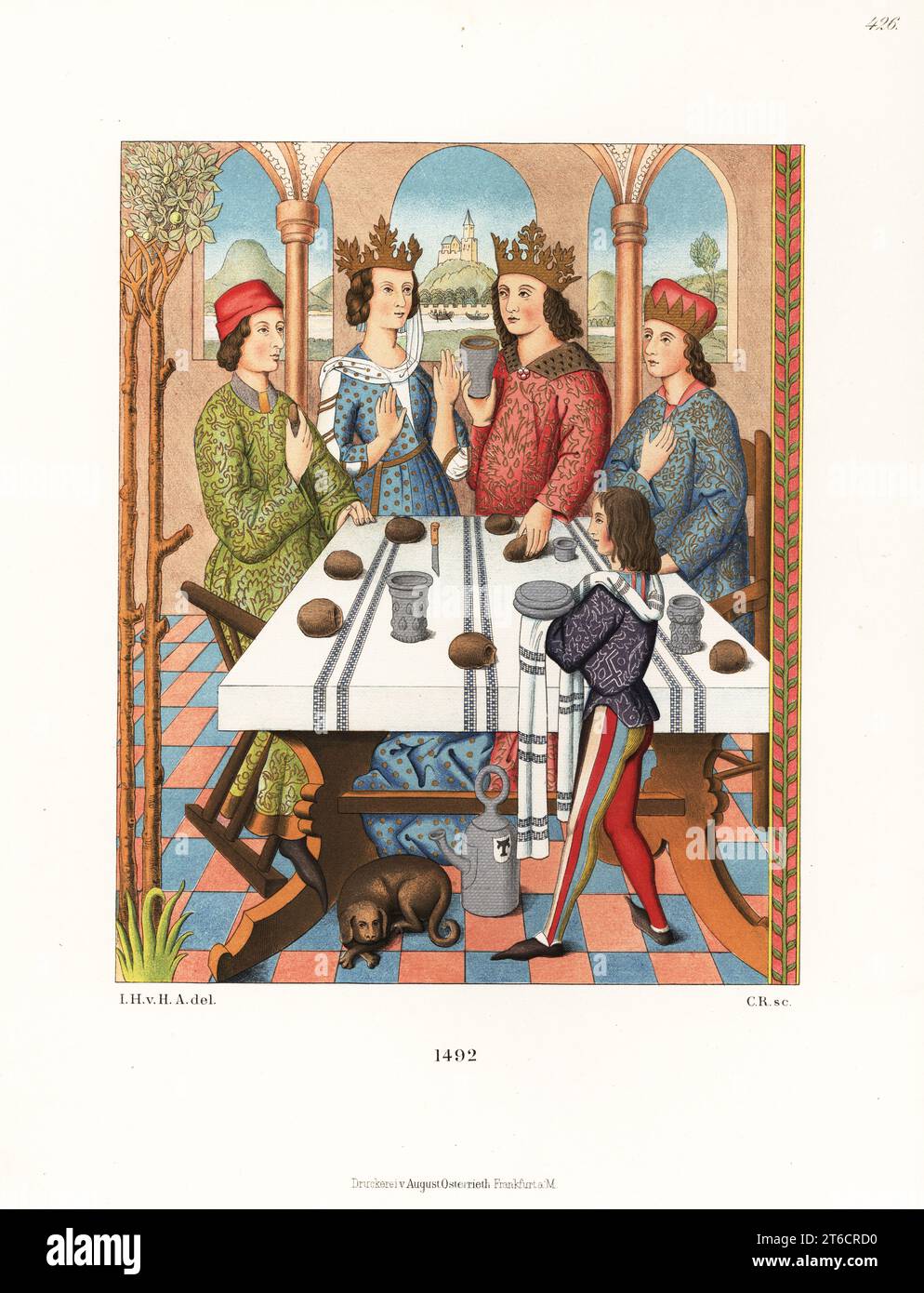 A German royal couple wearing crowns sits at a table laid with bread, knife and cups, 1492. A noble boy in mi-parti hose plays a game. From an embroidered carpet in Nuremberg Museum. Chromolithograph from Hefner-Alteneck's Costumes, Artworks and Appliances from the Middle Ages to the 17th Century, Frankfurt, 1889. Illustration by Dr. Jakob Heinrich von Hefner-Alteneck, lithographed by C. Regnier. Dr. Hefner-Alteneck (1811 - 1903) was a German museum curator, archaeologist, art historian, illustrator and etcher. Stock Photo