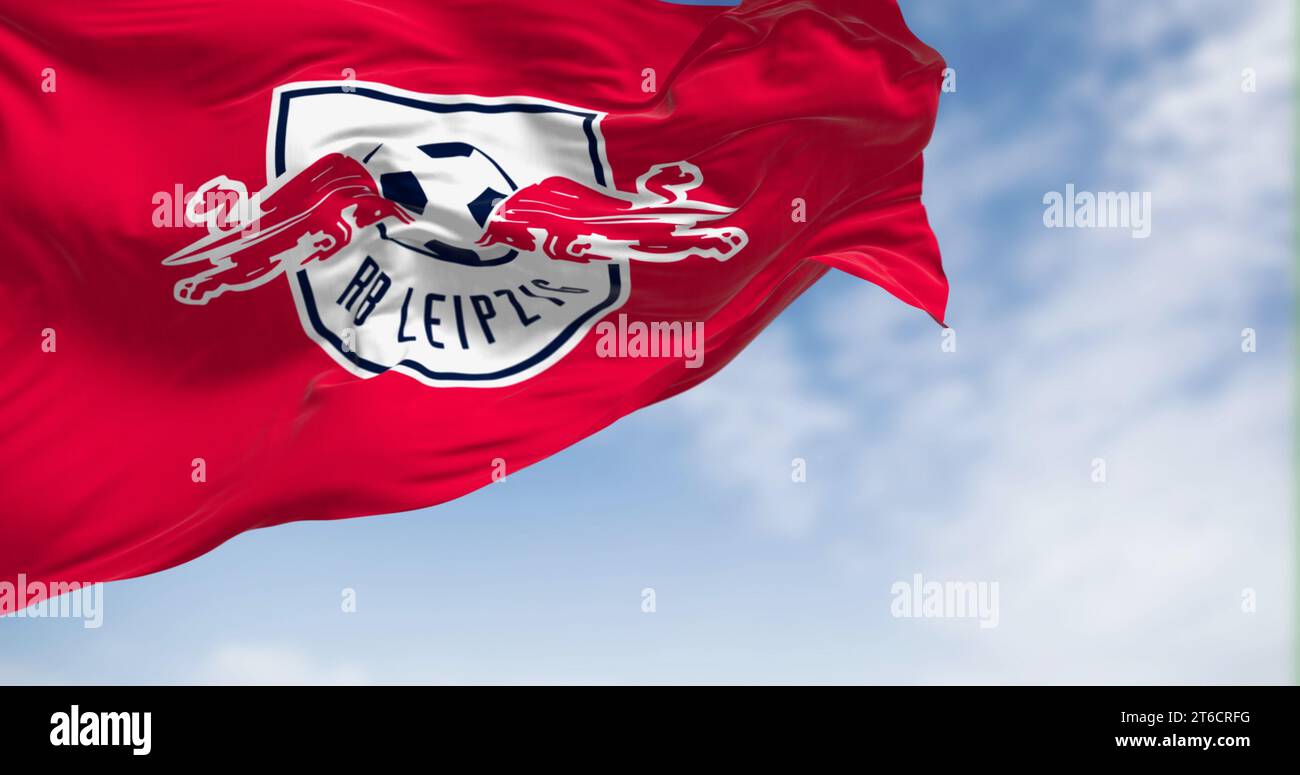 Leipzig, DE, Nov. 2 2023: RB Leipzig flag waving on a clear day. German ...