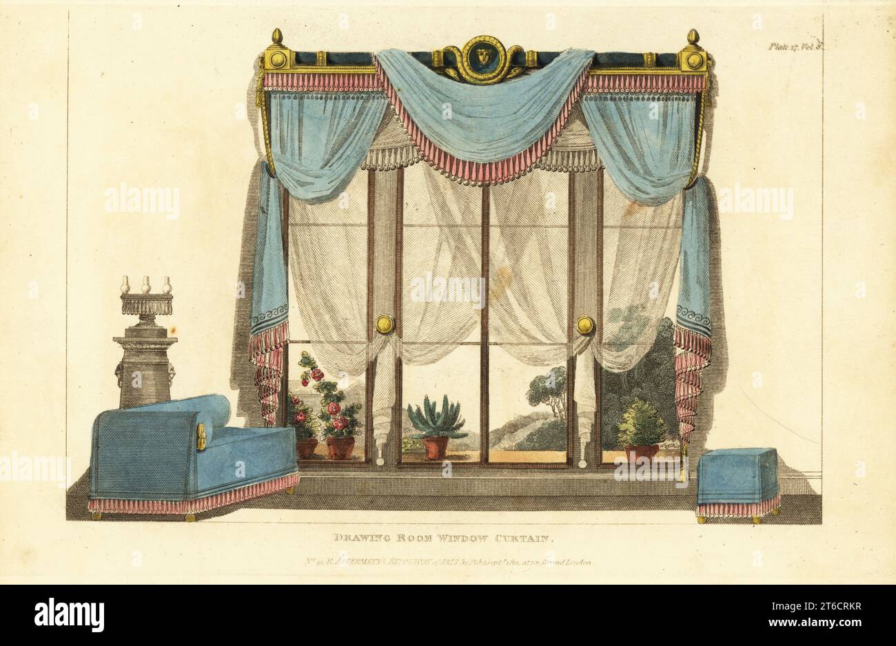 Drawing room window curtain, cornices, ornamented with French fringe and muslin curtains under blue damask. Grecian sofa and stool, patent pedestal lamp. Handcoloured copperplate engraving from The Upholsterer's and Cabinet-Maker's Repository consisting of seventy-six designs of modern and fashionable furniture, Rudolph Ackermann, London, 1830. Stock Photo