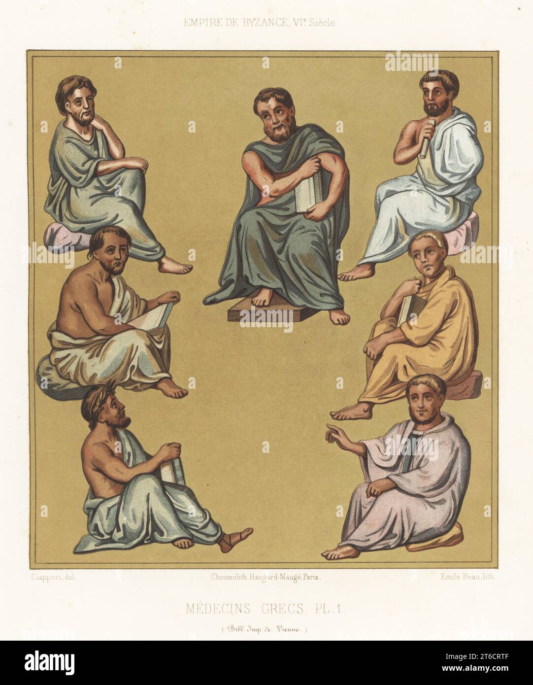 Portraits of Greek physicians, Byzantine Empire, 6th century. Galen (c. 129-200) on a a chair in the middle. At left, Crateuas or Krateuas (c. 2nd century BC, top), Apollonius Mys (1st century BC, middle) and Andreas (died c. 217 BC, bottom). At right, Dioscurides (c. 40-90 AD, top), Nicander (197-130 BC, center), and Rufus of Ephesus (c. 53-117 AD, bottom). Medecins Grecs, Empire de Byzance, VIe siecle. Bibliotheque Imp. de Vienne. Chromolithograph by Emile Beau after an illustration by Claudius Joseph Ciappori from Charles Louandres Les Arts Somptuaires, The Sumptuary Arts, Hangard-Mauge, Pa Stock Photo