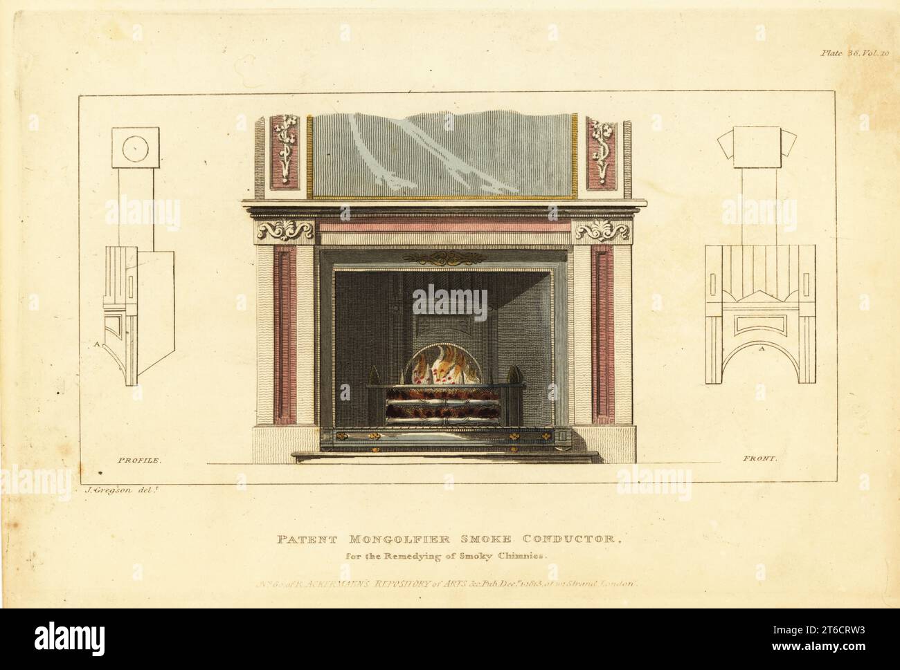 Patent Mongolfier smoke conductor fireplace for the remedying of smoky chimnies. Based on the Mongolfier Principle, this smoke conductor was made by Joseph Gregson of Charles Street, Grosvenor Square. Handcoloured copperplate engraving from The Upholsterer's and Cabinet-Maker's Repository consisting of seventy-six designs of modern and fashionable furniture, Rudolph Ackermann, London, 1830. Stock Photo