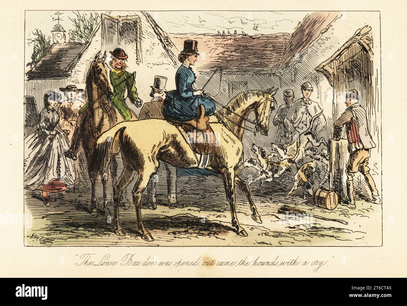Huntsmen and women watch the fox-hounds let out of a pen before a hunt, 19th century. Facey Romford in green coat, and Lucy Somersville sidesaddle on her horse. The Loose Box door was opened, out came the hounds with a cry. Handcoloured steel engraving after an illustration by Hablot Knight Browne (Phiz) from Robert Smith Surtees Mr. Facey Romfords Hounds, Bradbury, Evans and Co., London, 1865. Stock Photo