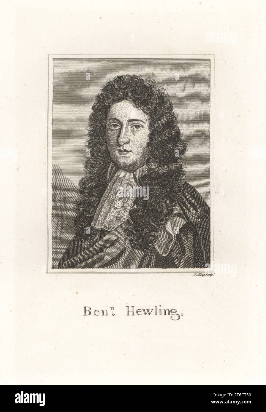 Benjamin Hewling, English soldier executed for participating in the Monmouth Rebellion against King James II, 1663-1685. In luxurious wig, cloak and lace cravat. Copperplate engraving by Thomas King from Samuel Woodburns Gallery of Rare Portraits Consisting of Original Plates, George Jones, 102 St Martins Lane, London, 1816. Stock Photo