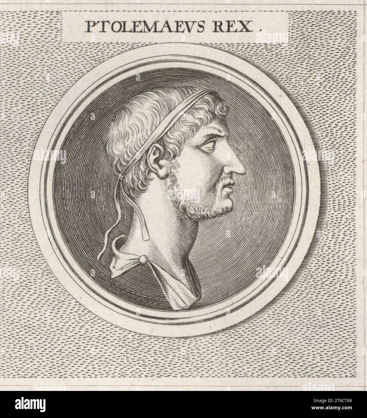 Ptolemy, King of Mauritania, 13 BC - 40 AD. Ptolemy of Mauretania, last Roman client king and ruler of Mauretania for Rome. Berber (Massyles tribe) and son of Juba II, King of Numidia. Ptolemaeus Rex. Copperplate engraving after an illustration by Joachim von Sandrart from his LAcademia Todesca, della Architectura, Scultura & Pittura, oder Teutsche Academie, der Edlen Bau- Bild- und Mahlerey-Kunste, German Academy of Architecture, Sculpture and Painting, Jacob von Sandrart, Nuremberg, 1675. Stock Photo