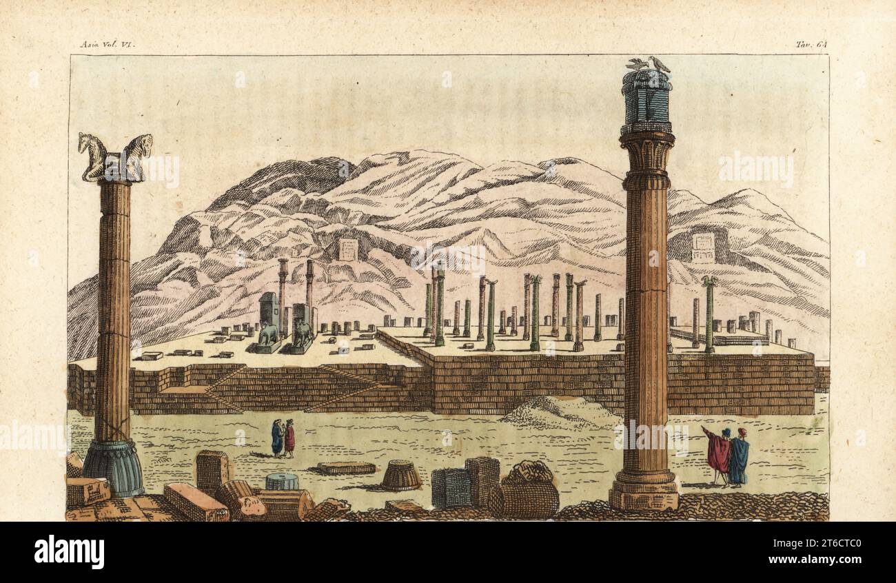 View of the ruins of Persepolis or Chehel Minar, capital of the Achaemenid Empire, Iran. Prospetto generale della rovine di Persepoli. Handcoloured copperplate engraving by Giovanni Antonio Sasso from Giulio Ferrarios Costumes Ancient and Modern of the Peoples of the World, Il Costume Antico e Moderno, Florence, 1847. Stock Photo